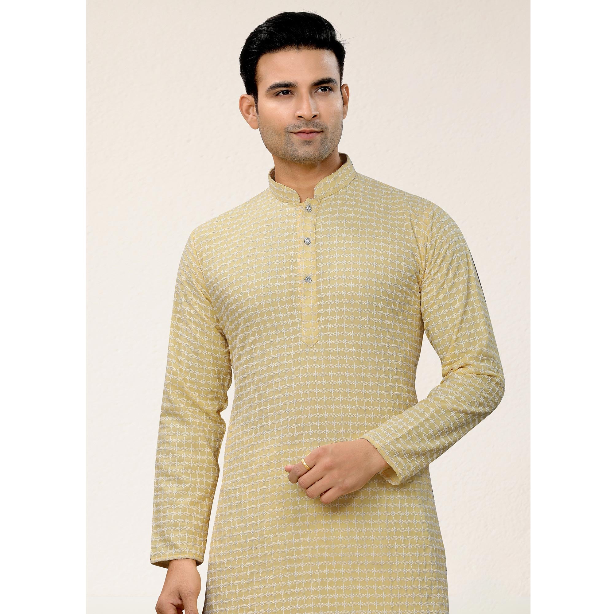 Yellow Lucknowi Embroidered Georgette Kurta Pyjama Set
