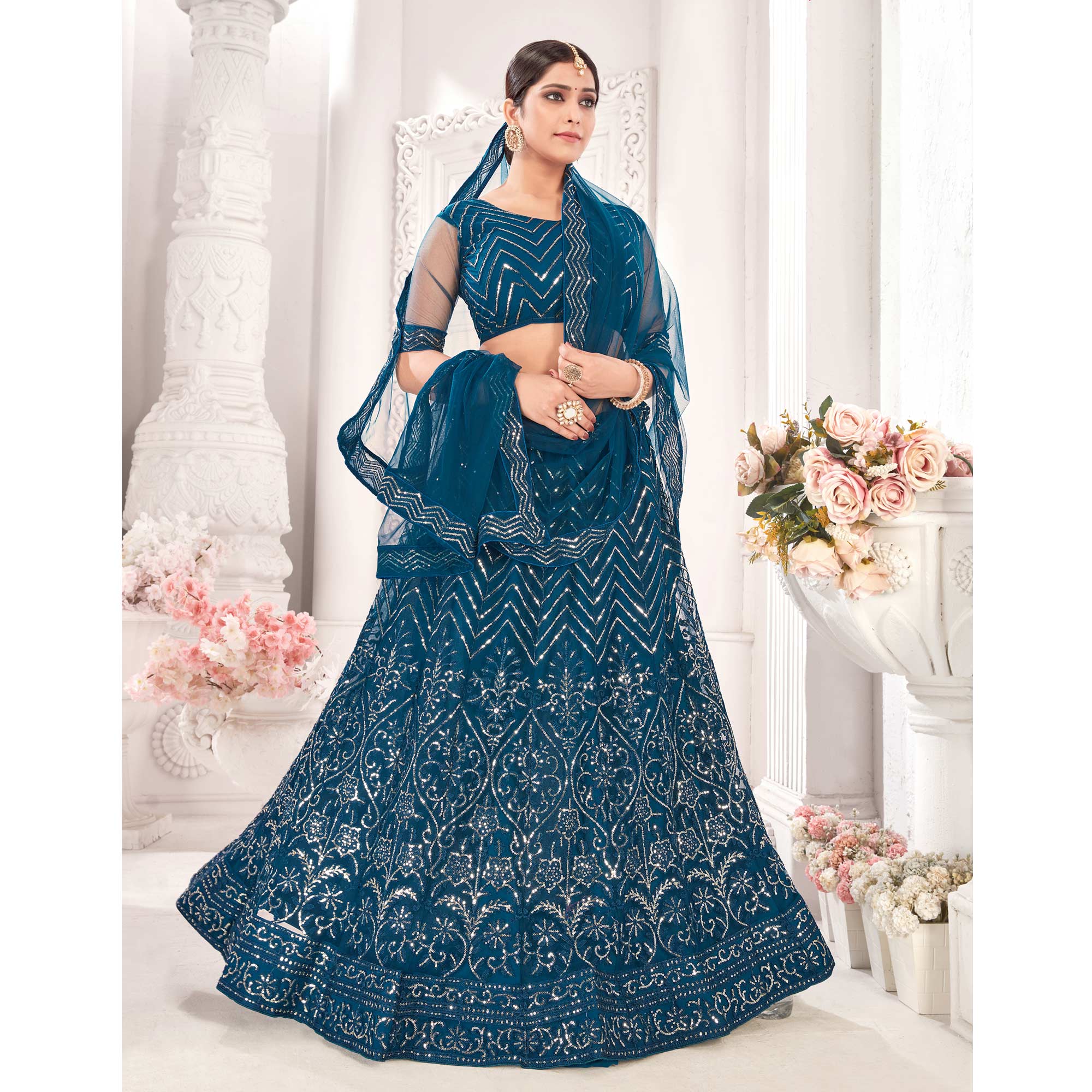 Teal Blue Sequins Embroidered Netted Lehenga Choli