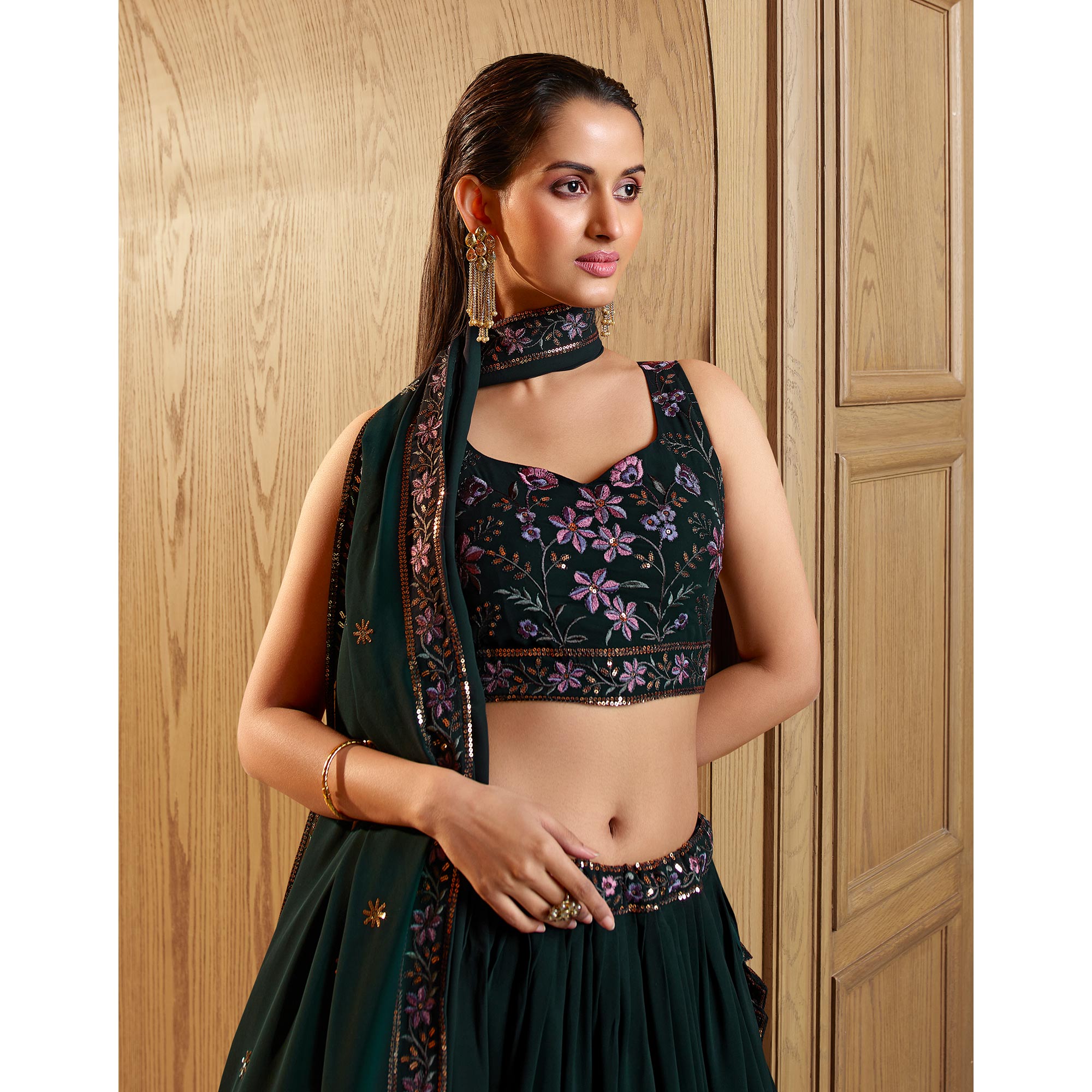 Green Sequins Embroidered Georgette Lehenga Choli