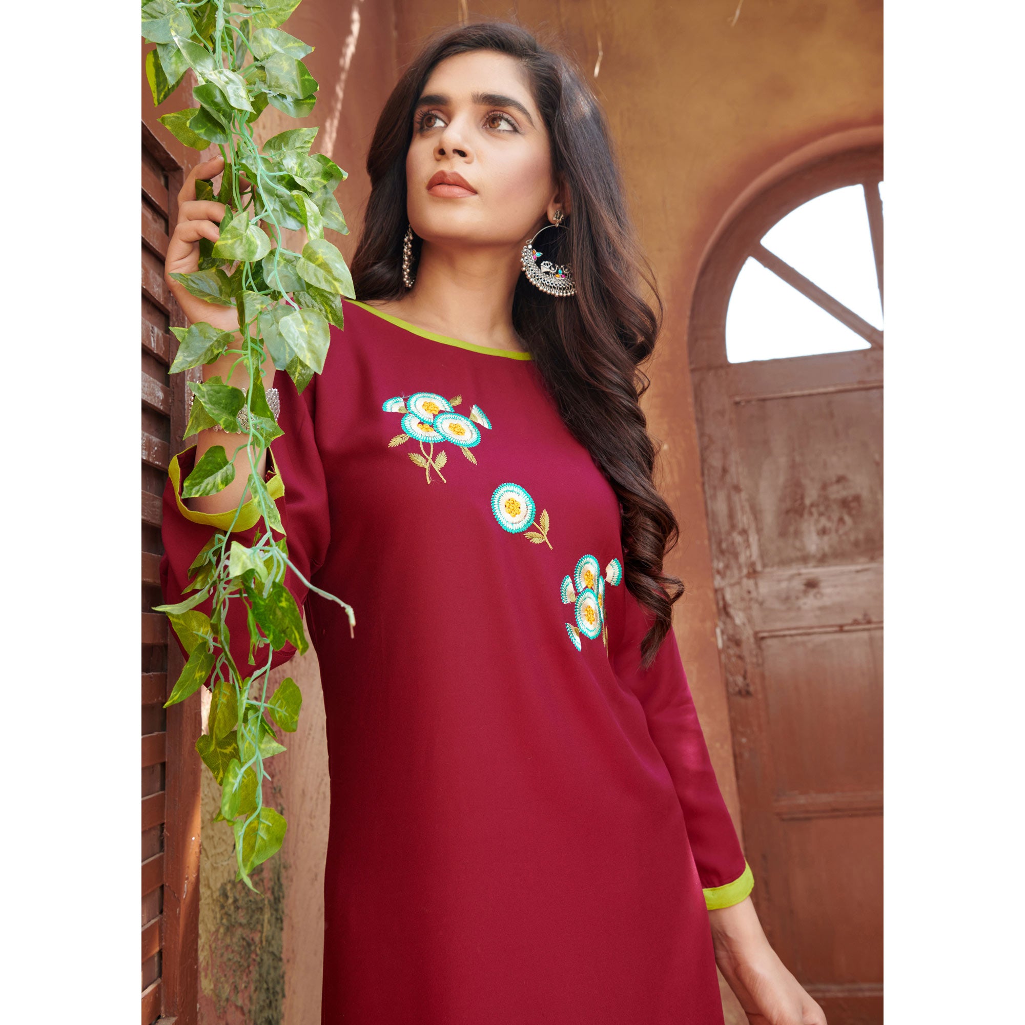 Maroon Floral Embroidered Rayon Kurti