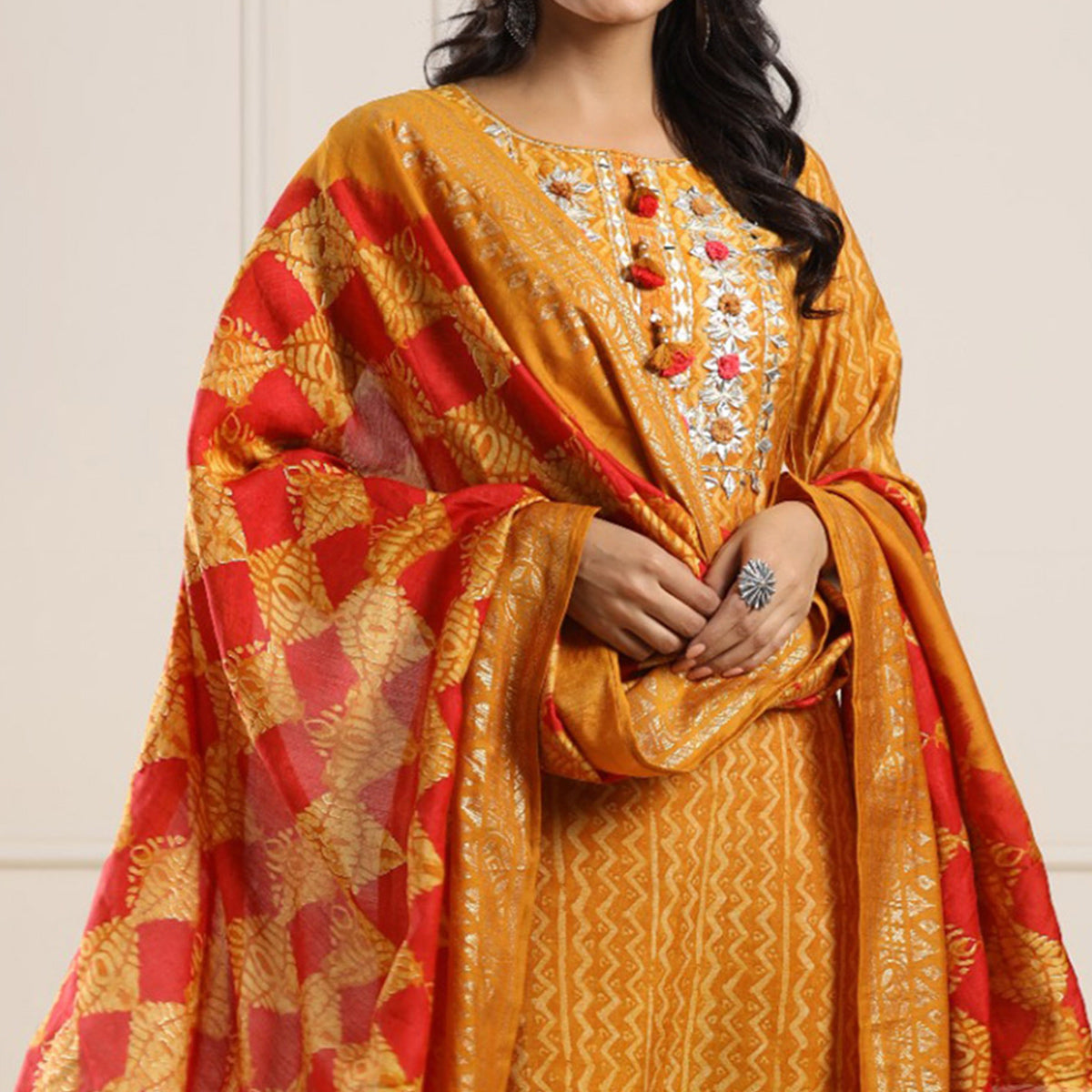 Mustard Printed With Gota Work Chanderi Salwar Suit