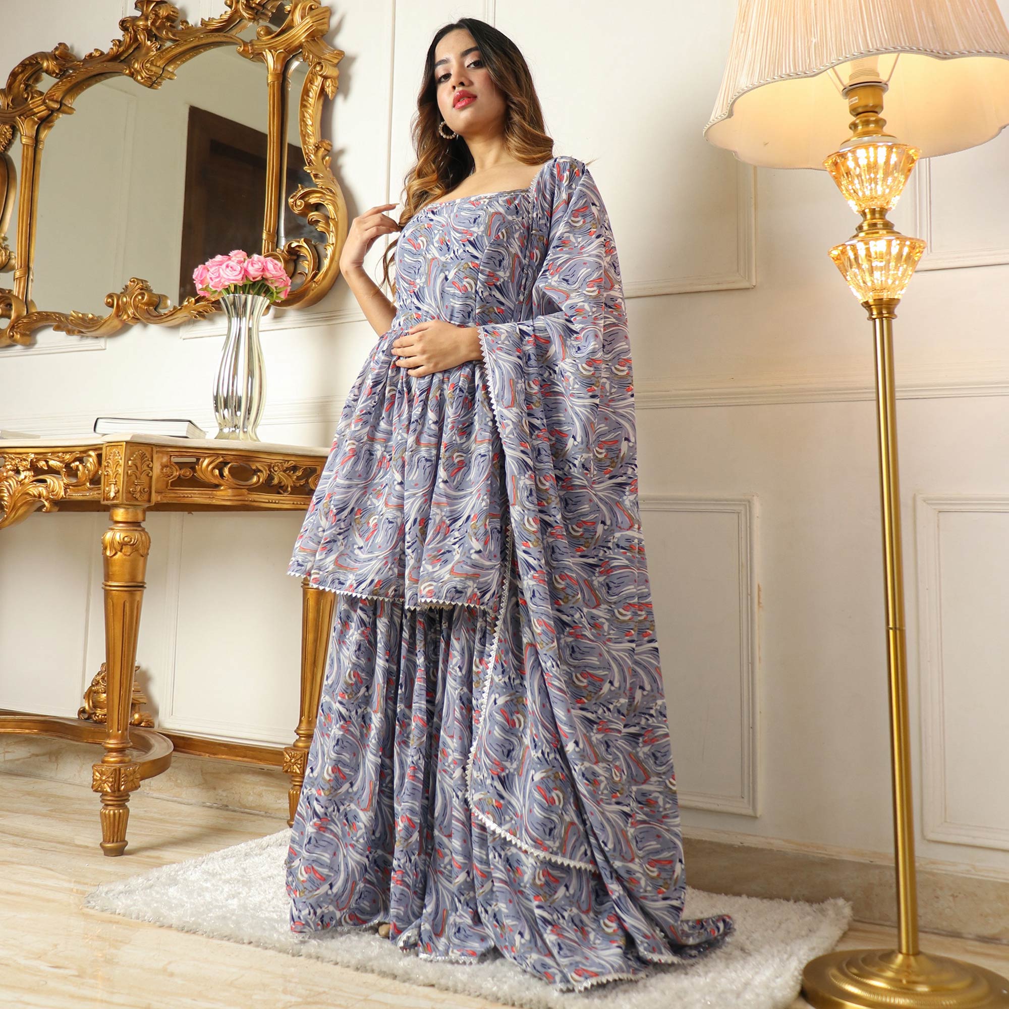 Grey Printed With Gota Work Georgette Sharara Suit