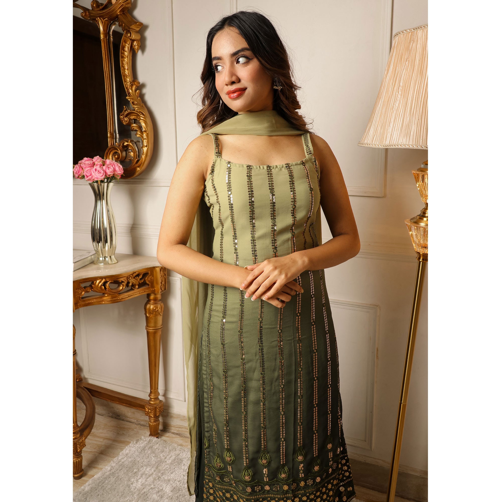 Green Sequins Embroidered Georgette Palazzo Suit