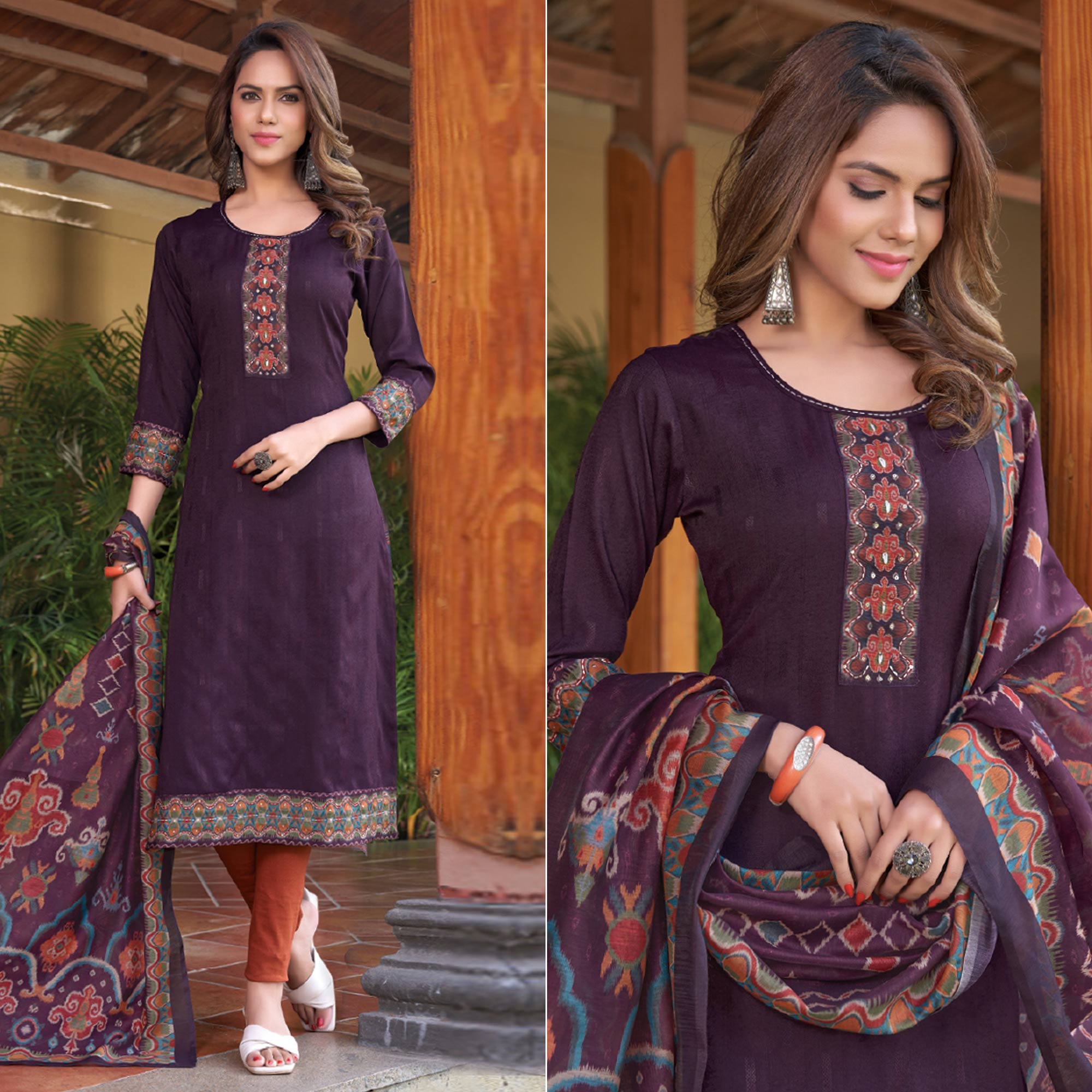 Purple Embroidered Rayon Kurti With Dupatta