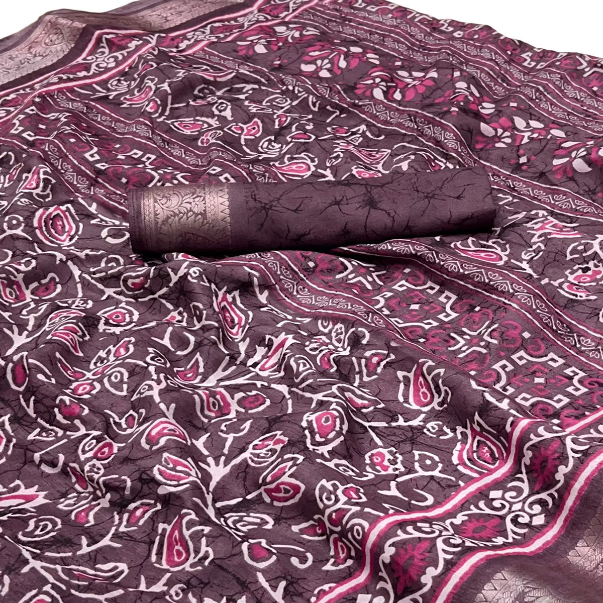 Wine Printed Dola Silk Saree