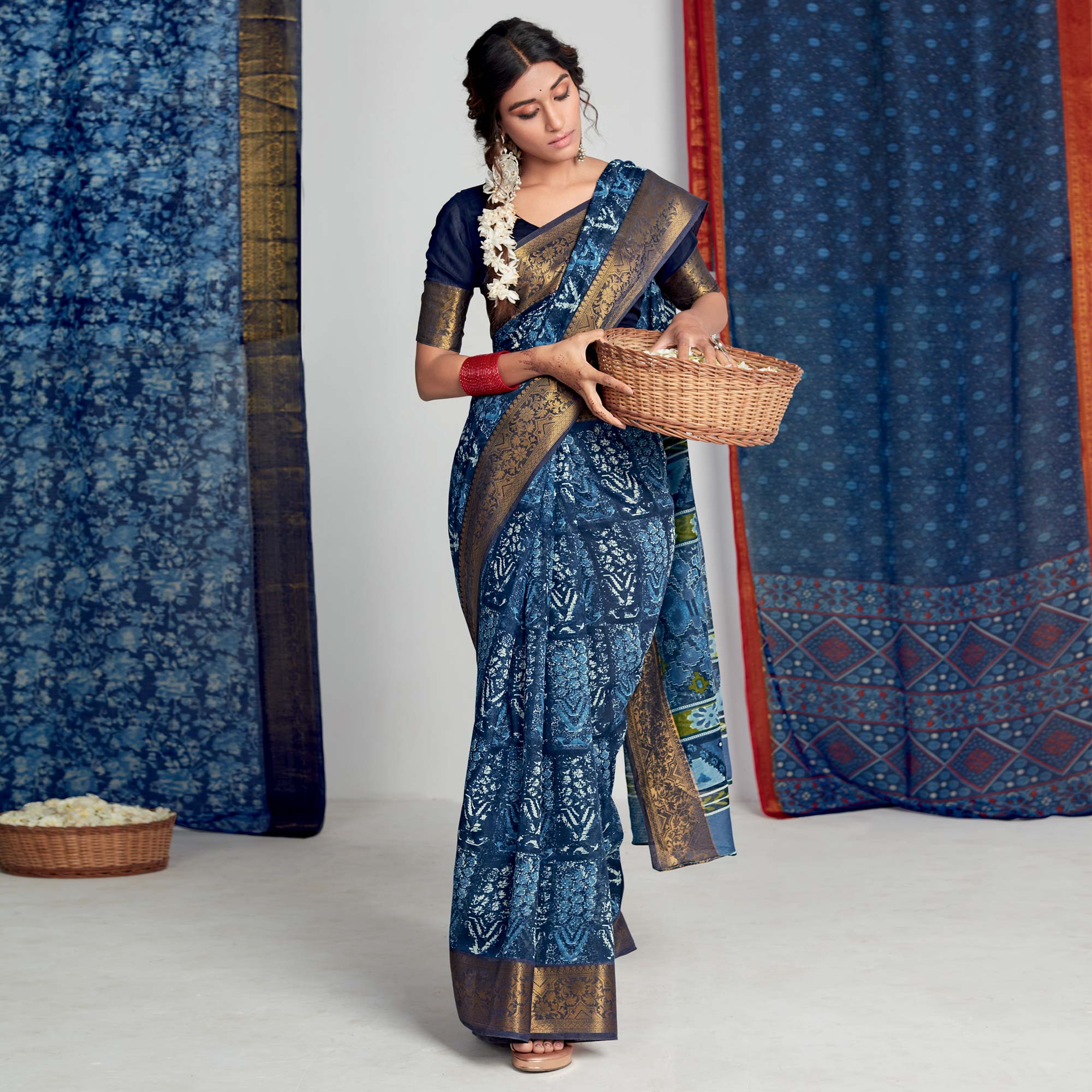 Blue Printed With Woven Border Cotton Blend Saree