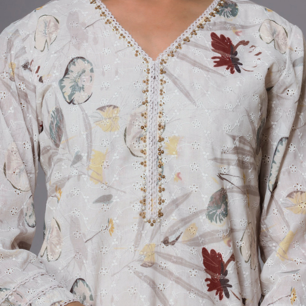 Off White Floral Printed With Embroidered Pure Cotton Suit