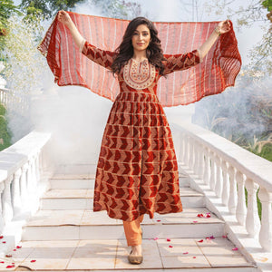 Rust Foil Printed Rayon Naira Cut Suit