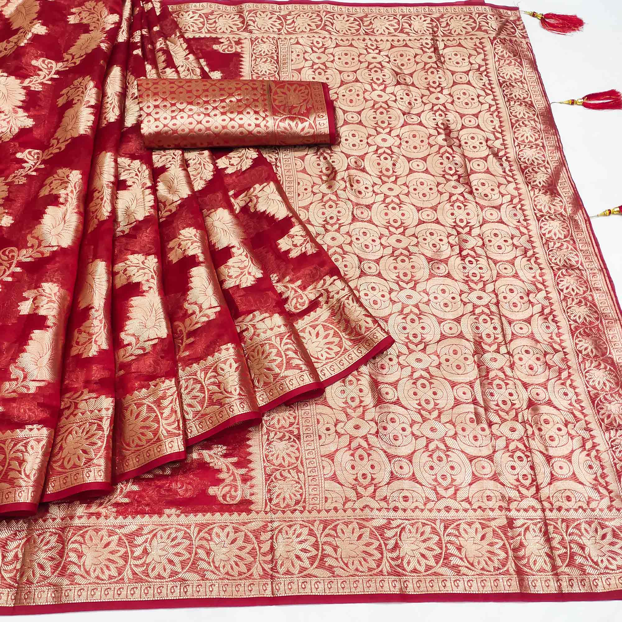 Red Floral Woven Art Silk Saree With Tassels