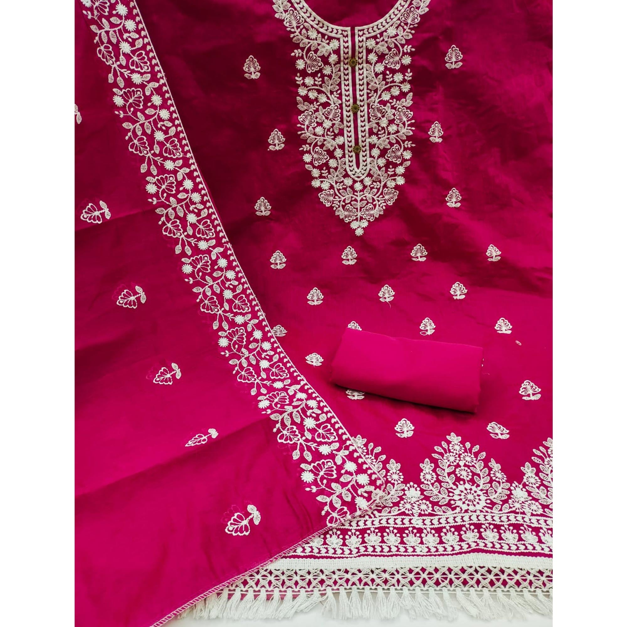 Rani Pink Floral Embroidered Modal Dress Material