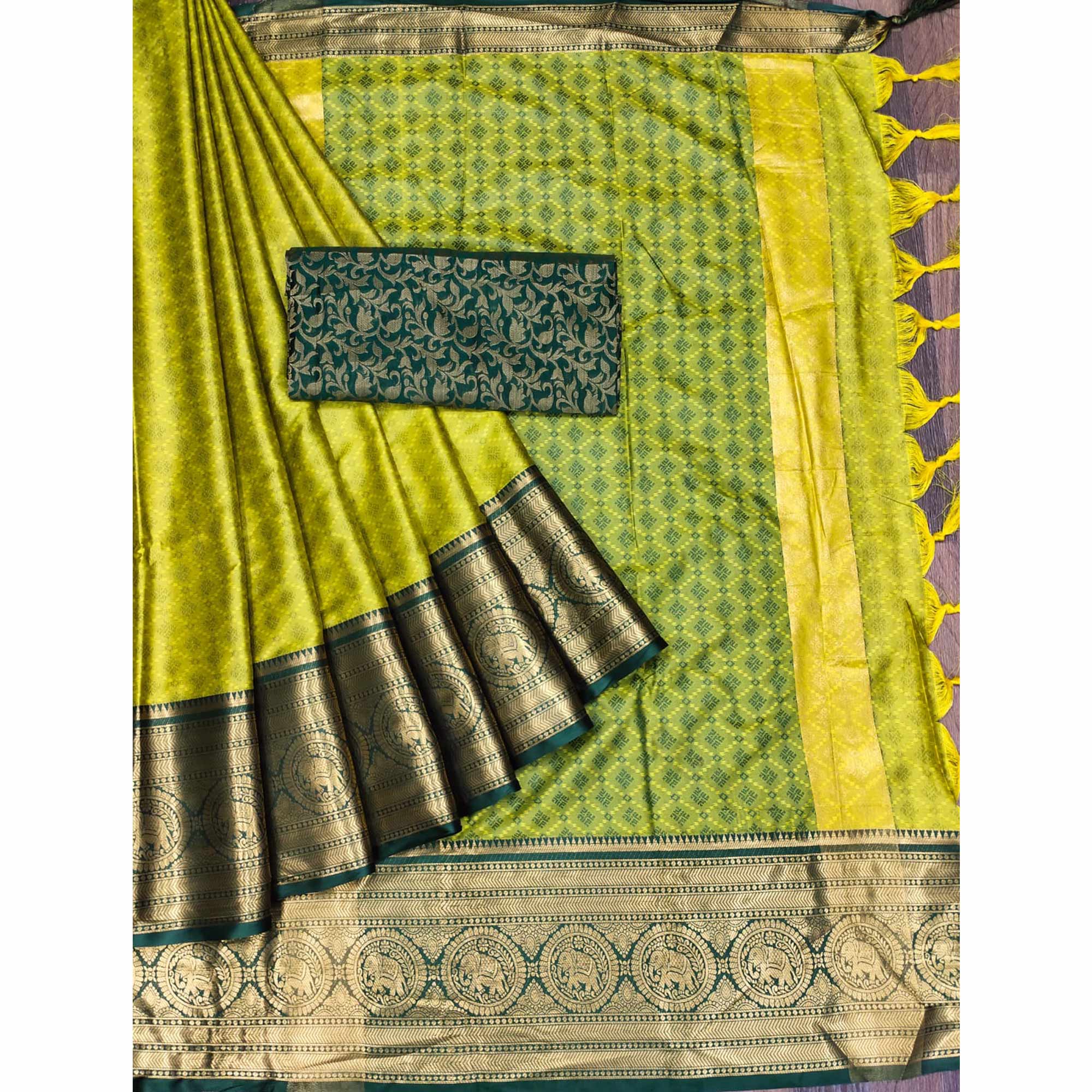 Lemon Green Woven Cotton Silk Saree With Tassels