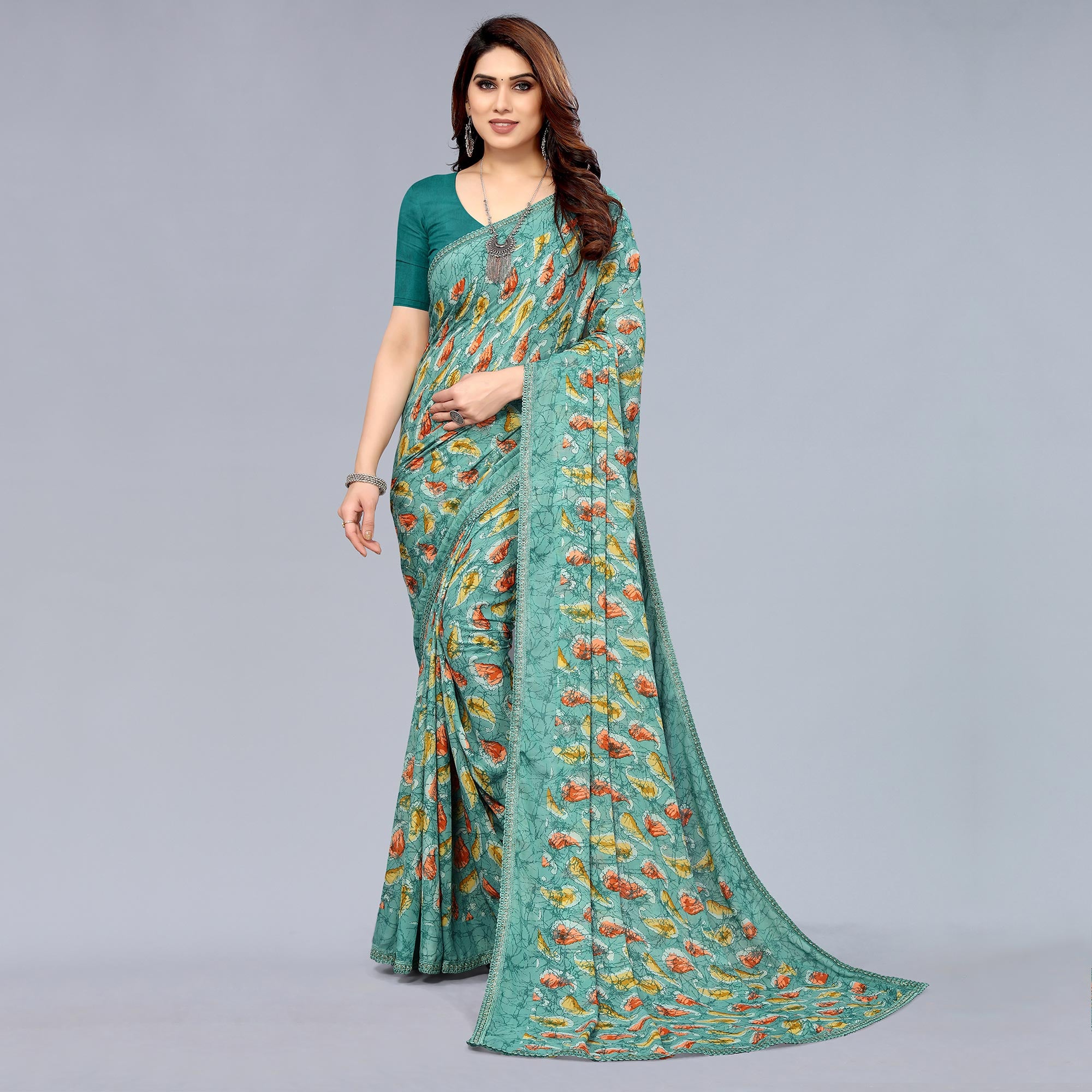 Rama Green Printed Georgette Saree With Crochet Border