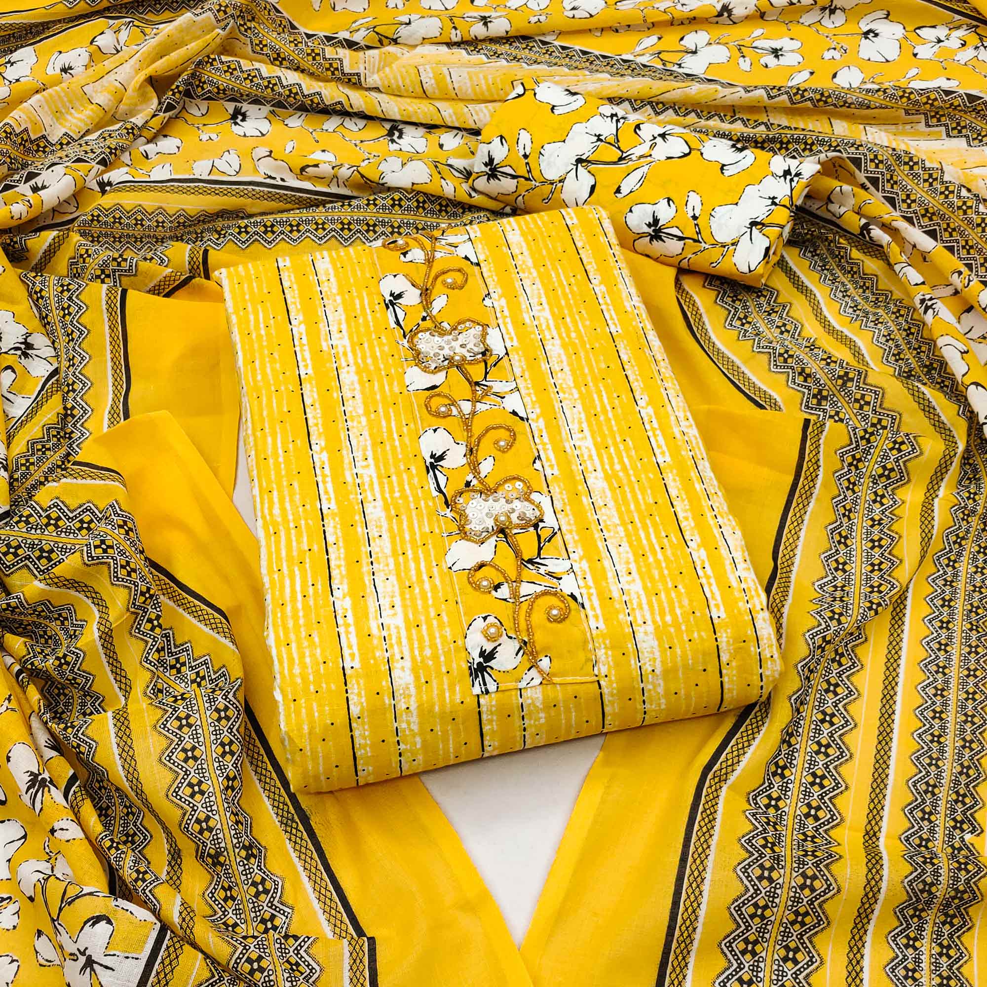 Yellow Printed Cotton Dress Material