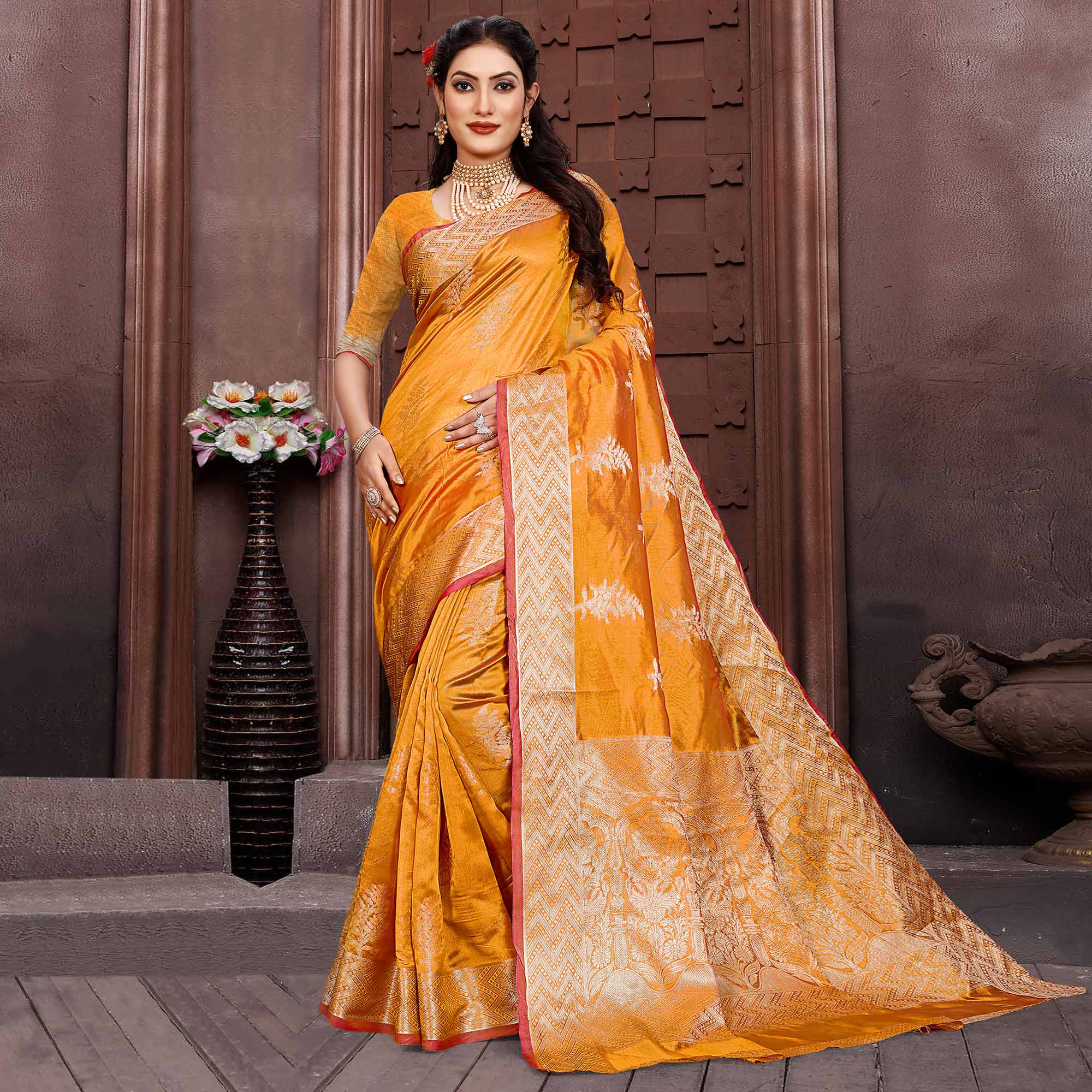 Mustard Floral Woven Organza Saree