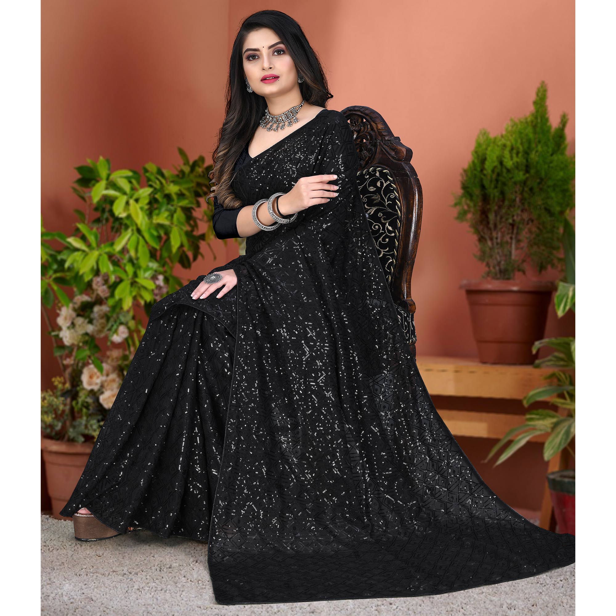 Black Sequins Embroidered Georgette Saree