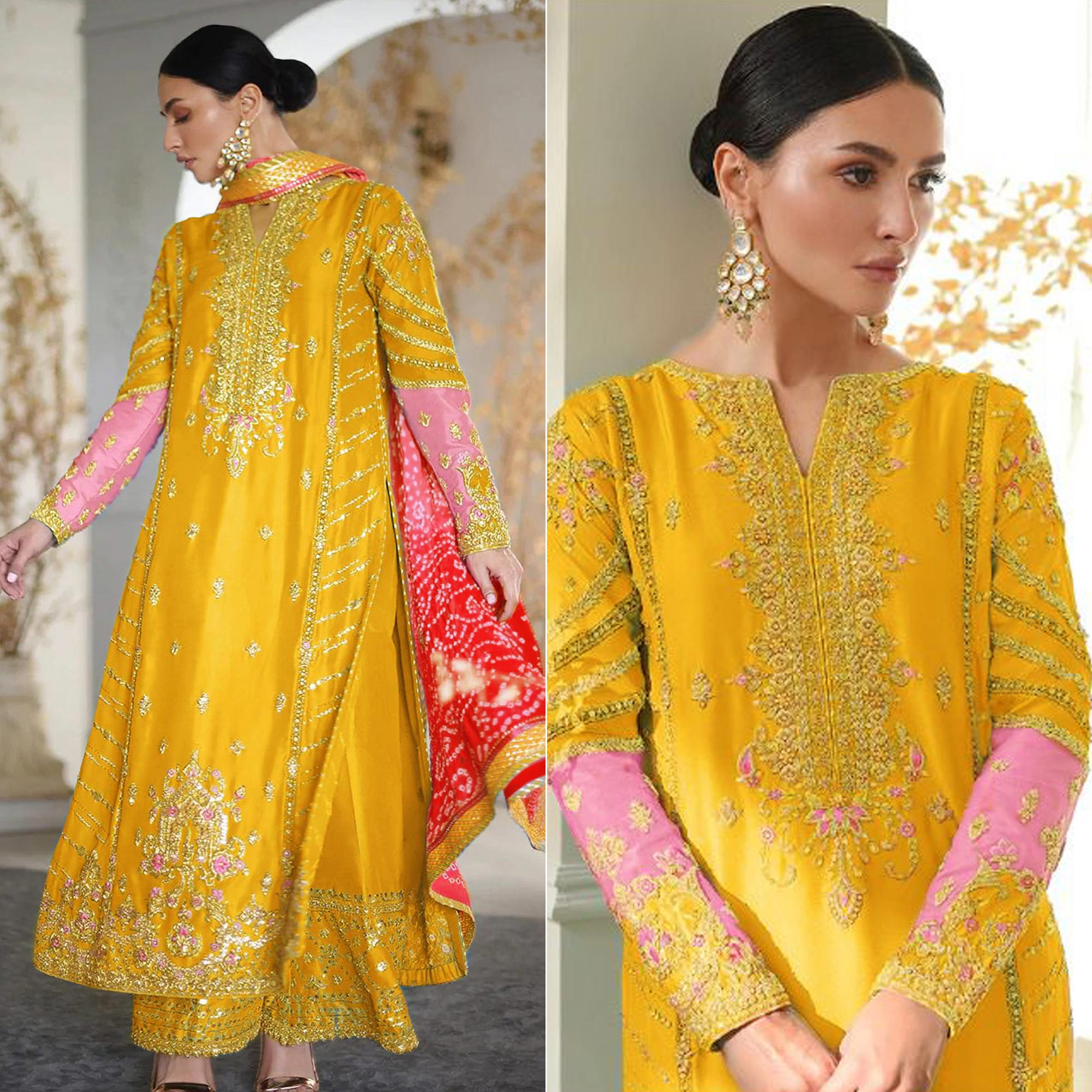 Mustard Sequins Embroidered Georgette Pakistani Suit