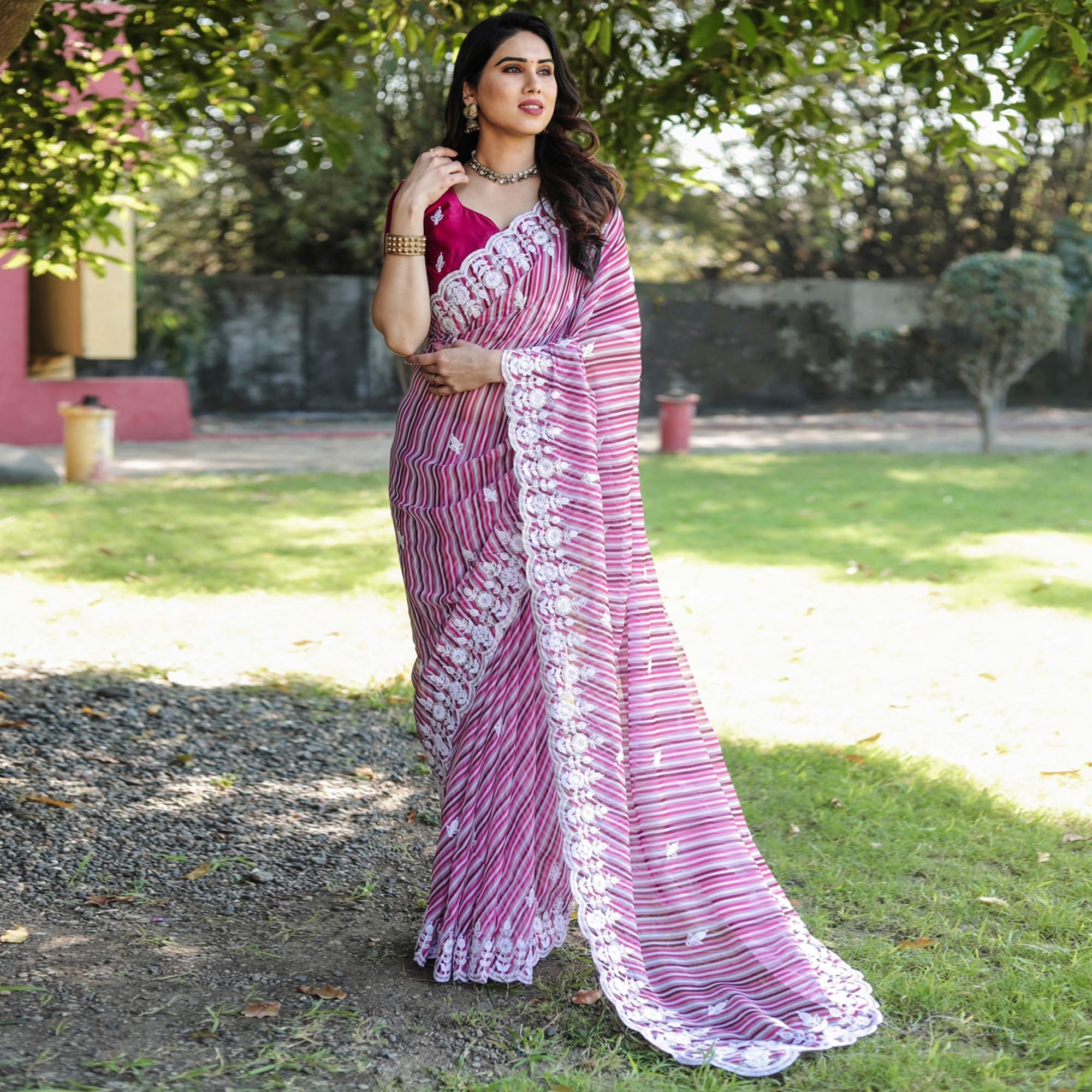 Magenta Pink Digital Printed With Embroidered Organza Saree