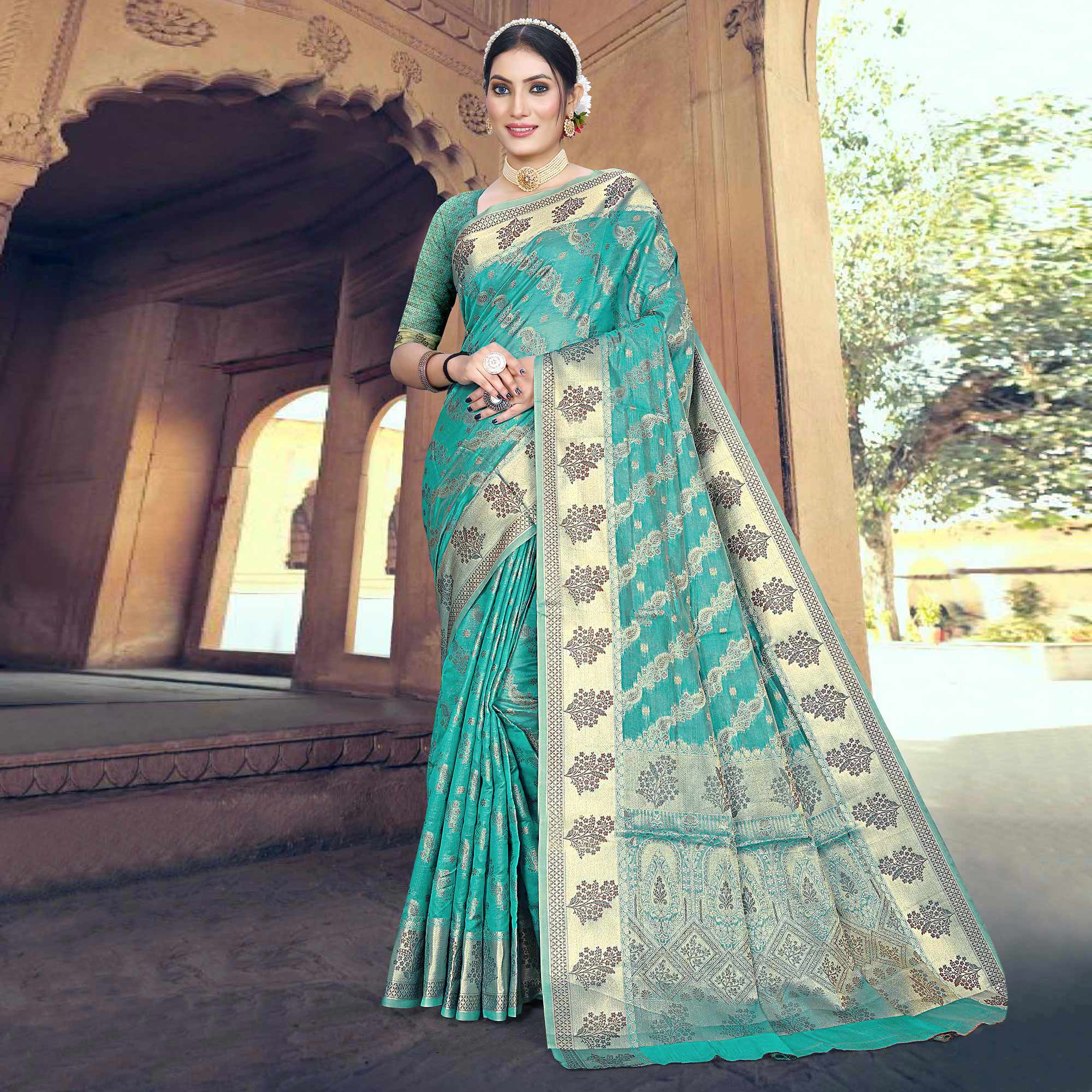 Rama Green Floral Woven Organza Saree