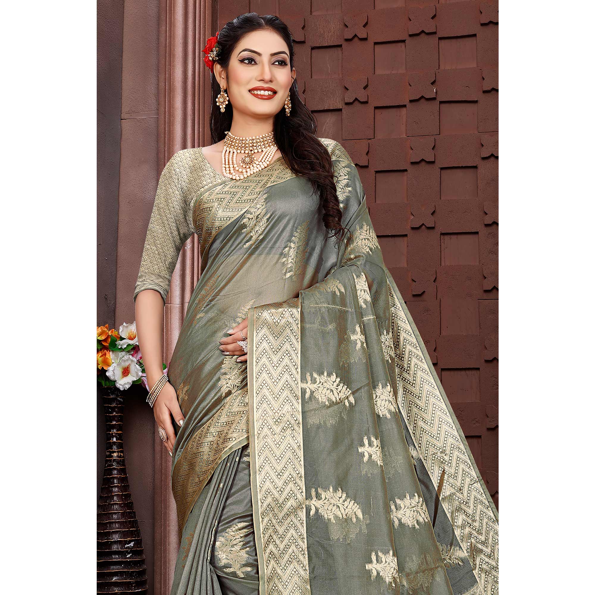 Grey Floral Woven Organza Saree