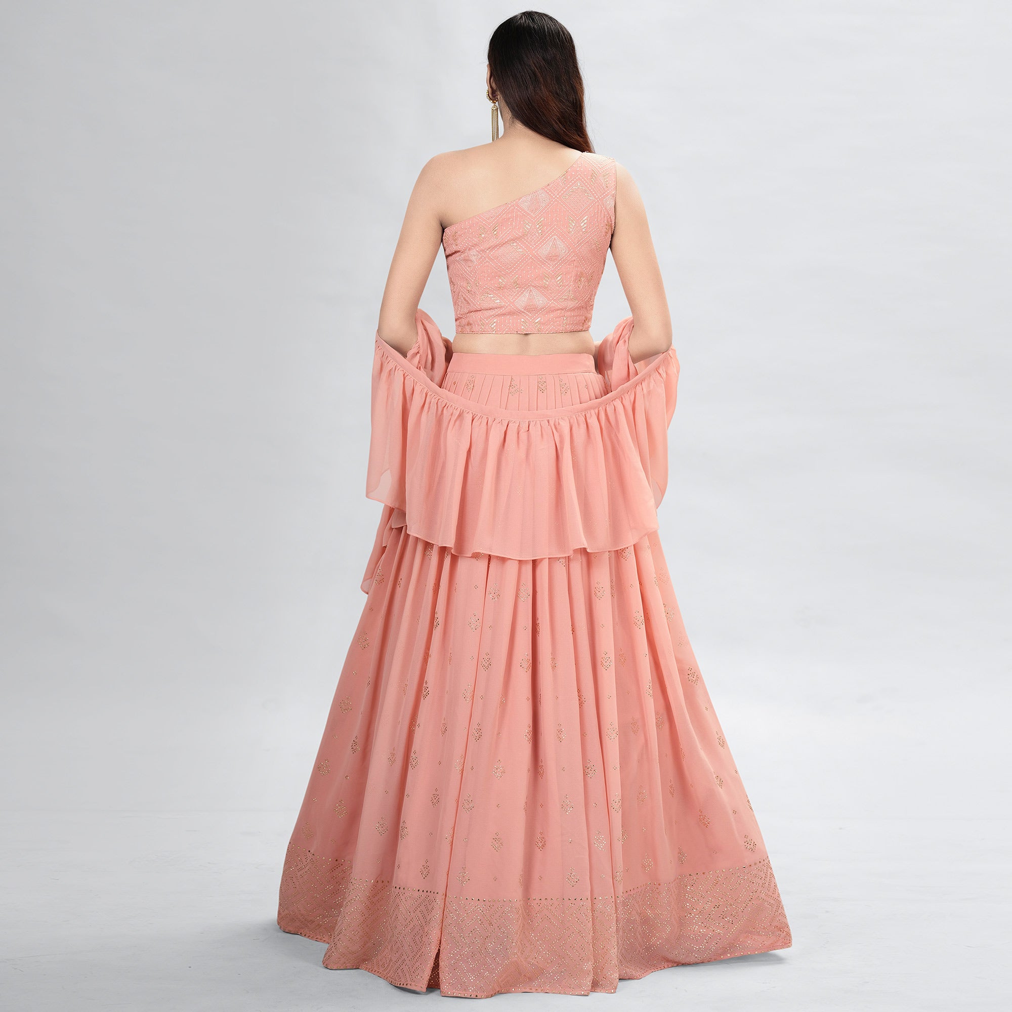 Peach Embellished With Embroidered Georgette Lehenga Choli