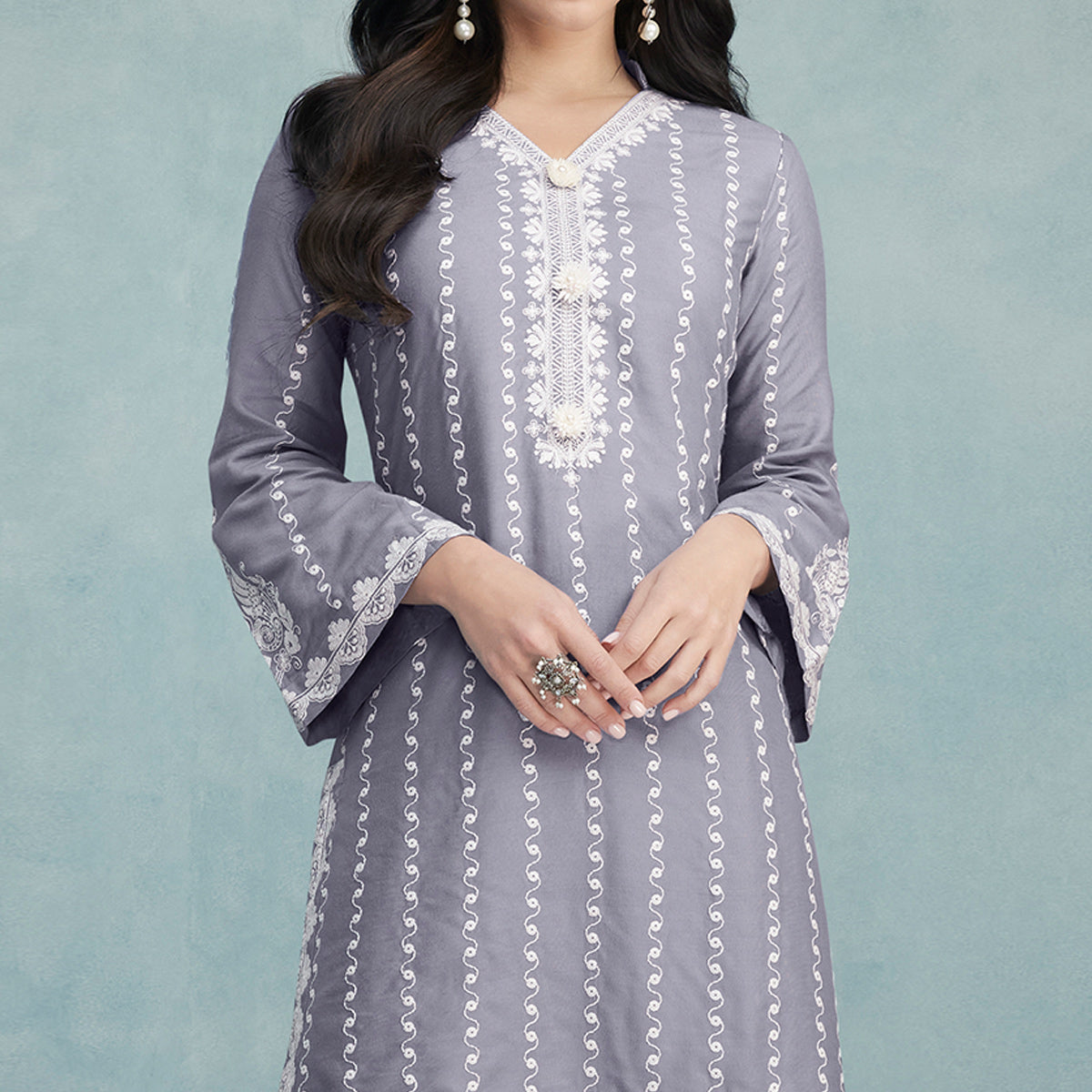 Sky Blue Floral Embroidered Rayon Kurti Co Ord Set
