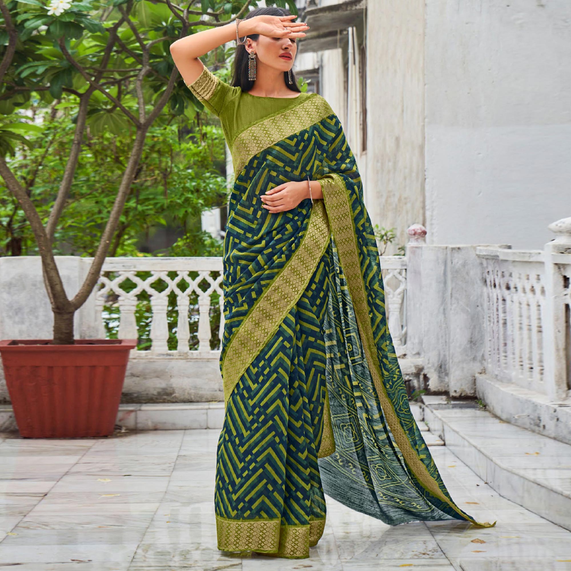 Green-Blue Printed With Woven Border Raw Silk Saree