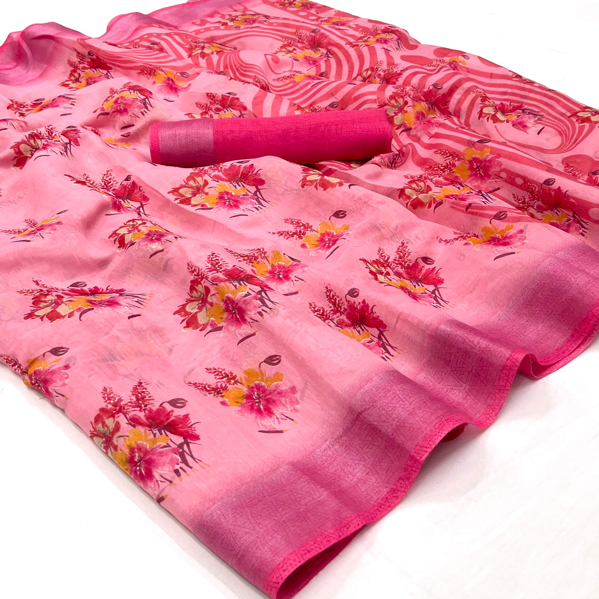 Pink Floral Printed Linen Saree