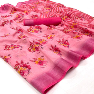 Pink Floral Printed Linen Saree