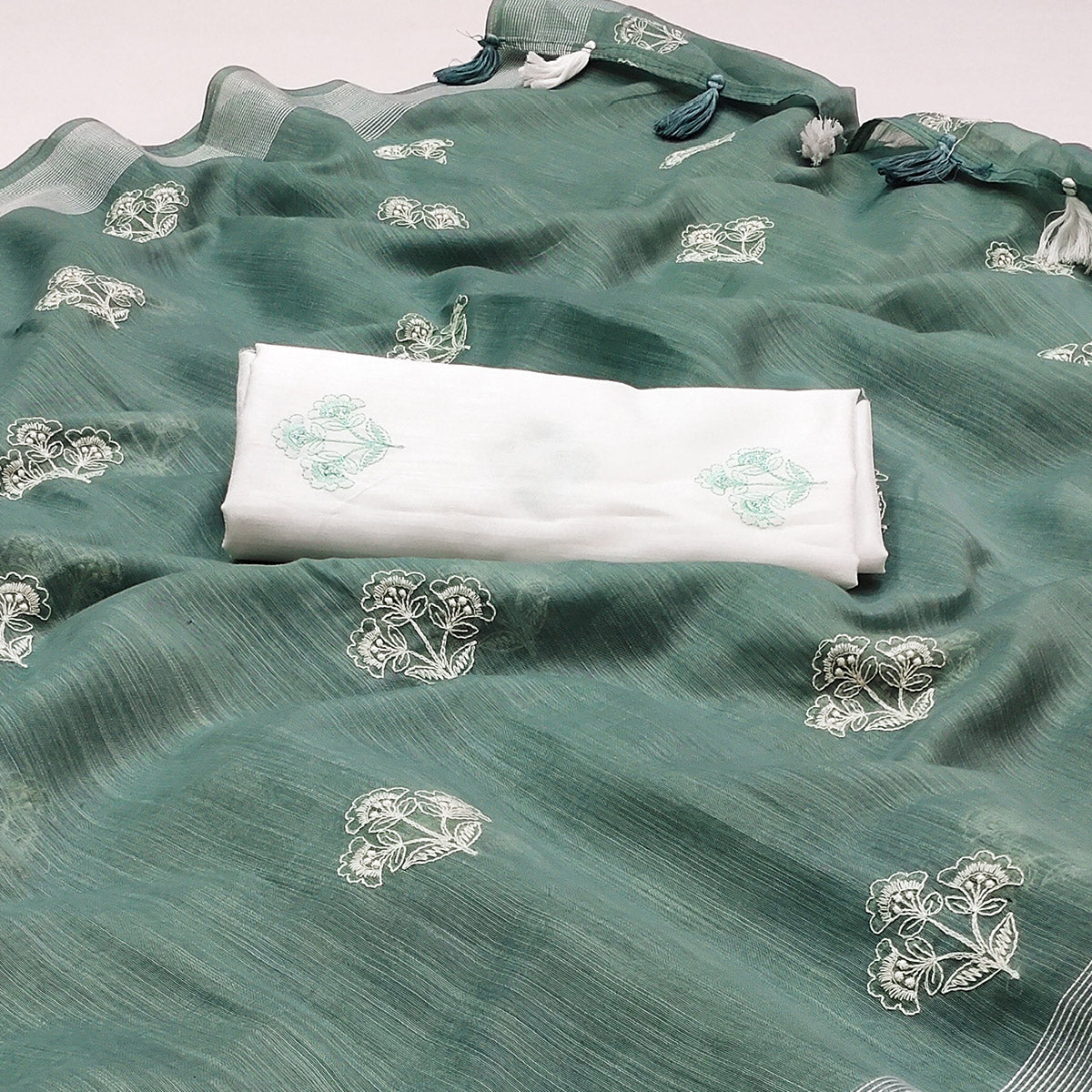 Green Floral Embroidered Raw Silk Saree