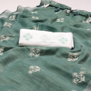 Green Floral Embroidered Raw Silk Saree
