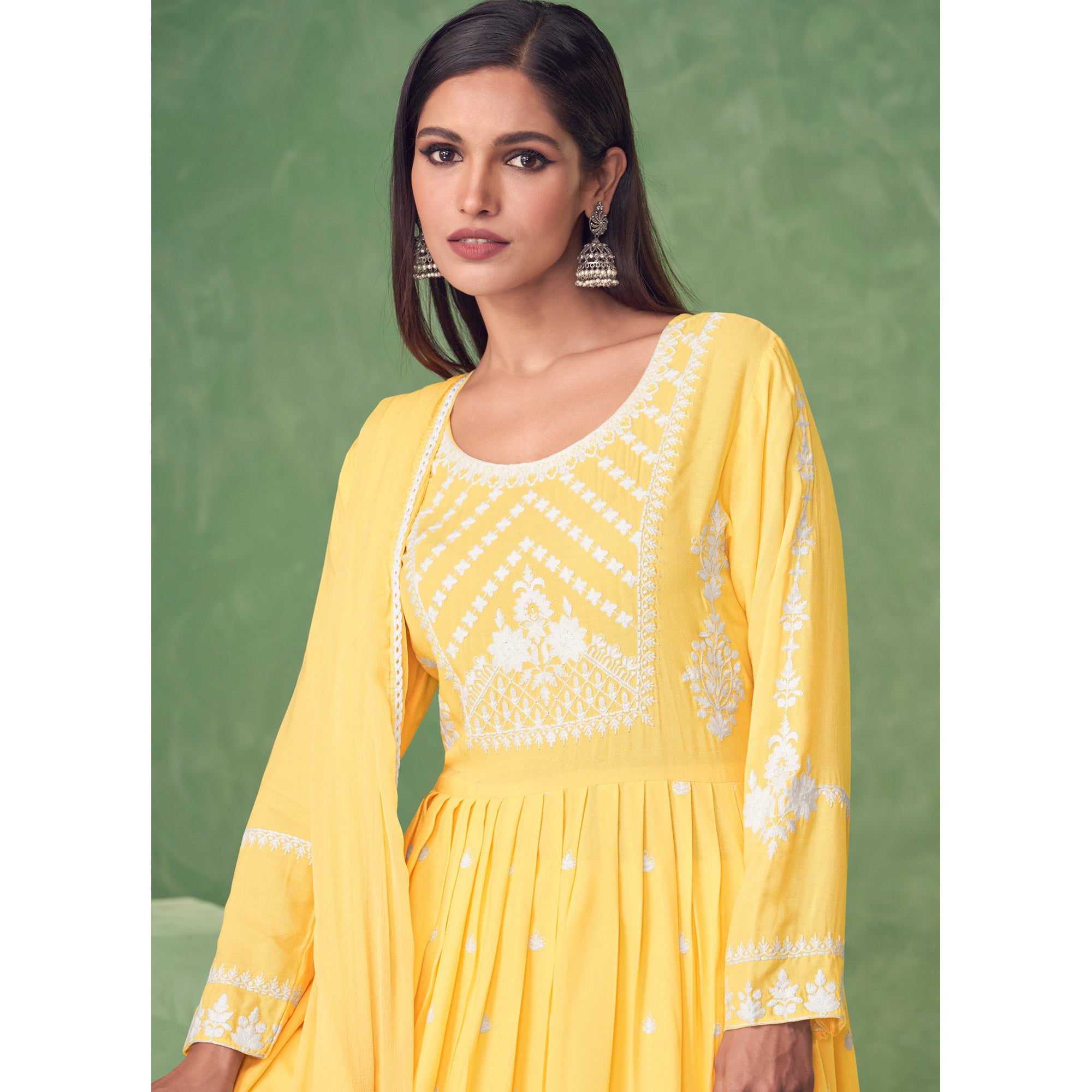 Yellow Lucknowi Work Rayon Naira Cut Palazzo Suit