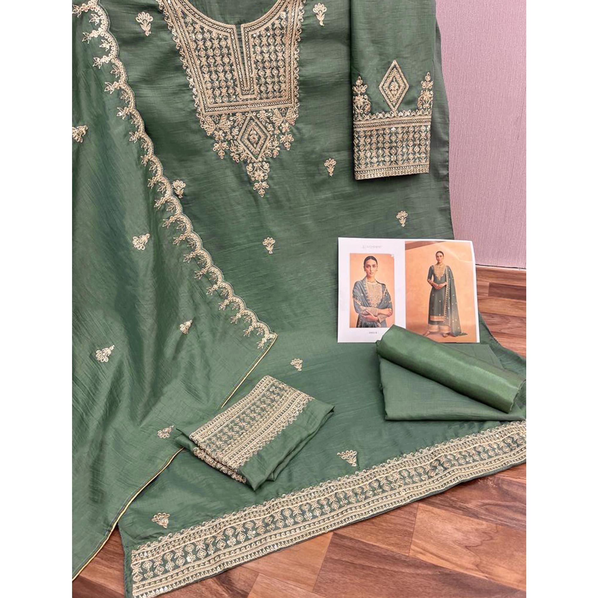 Green Sequins Embroidered Georgette Palazzo Suit