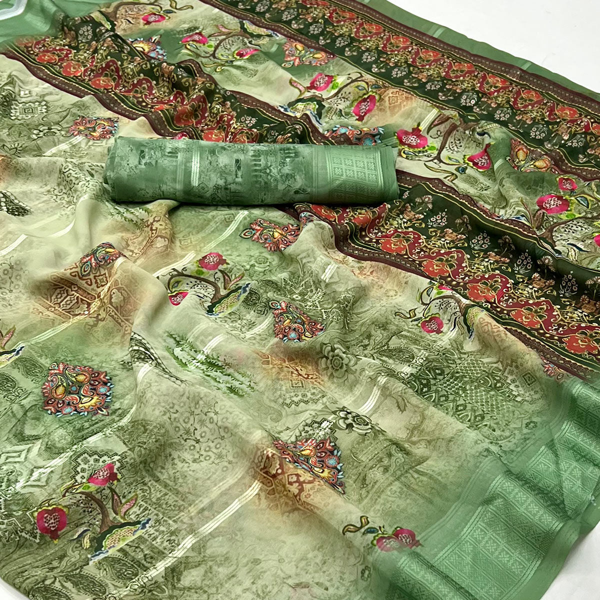 Green Digital Printed Viscose Saree