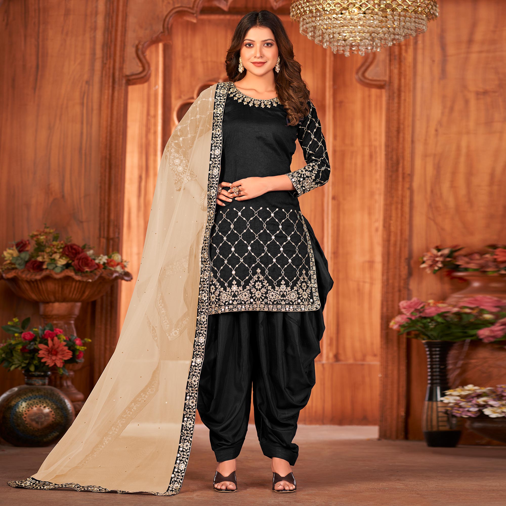 Black Embroidered Art Silk Patiala Suit