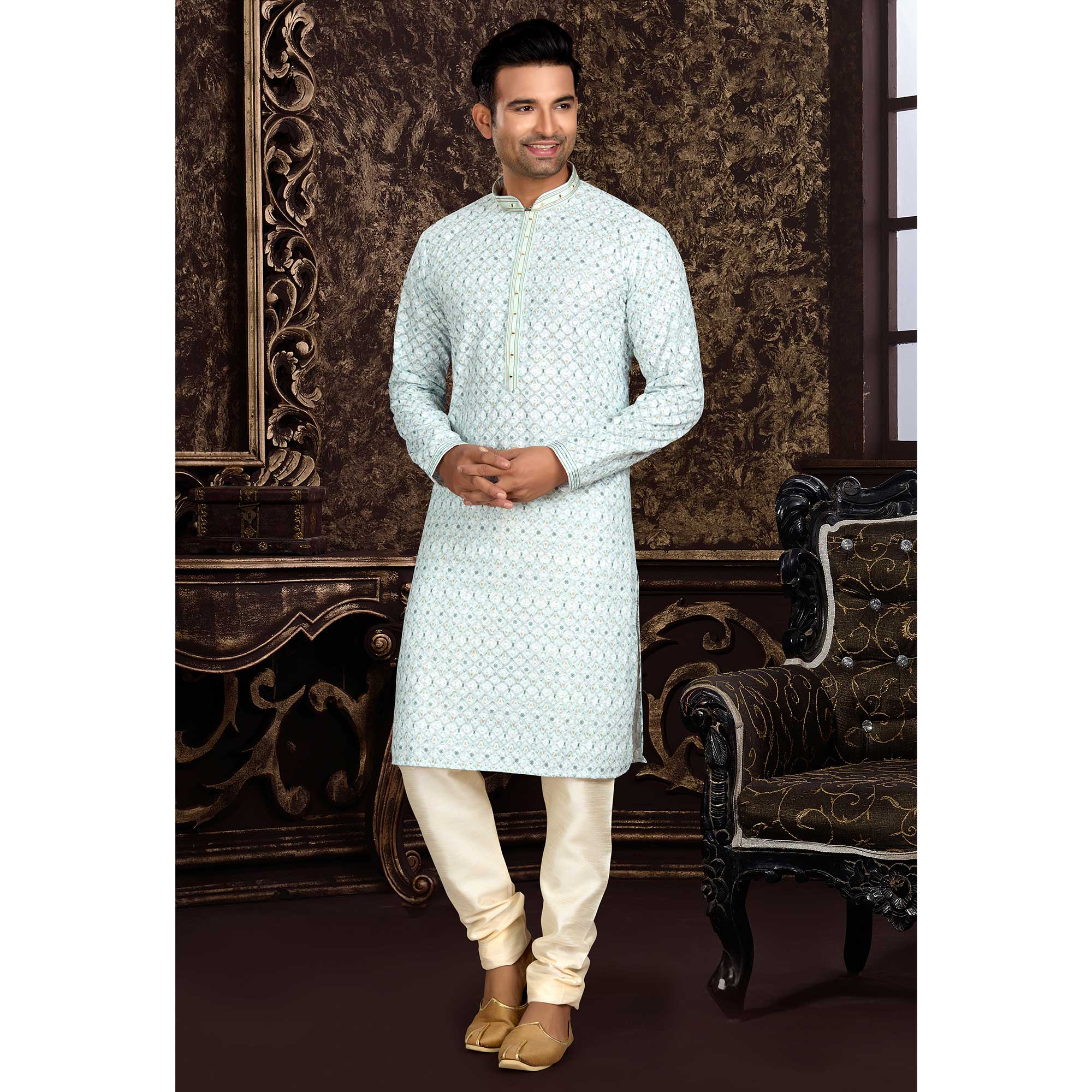 White Lucknowi And Digital Printed Cotton Kurta Pyjama Set