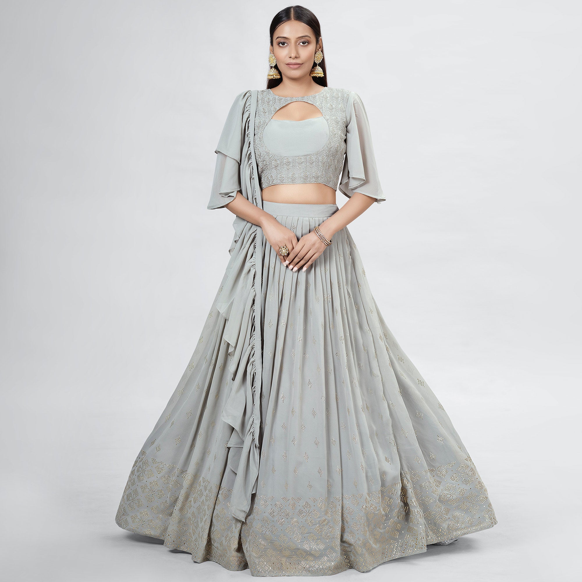 Grey Embellished With Embroidered Georgette Lehenga Choli