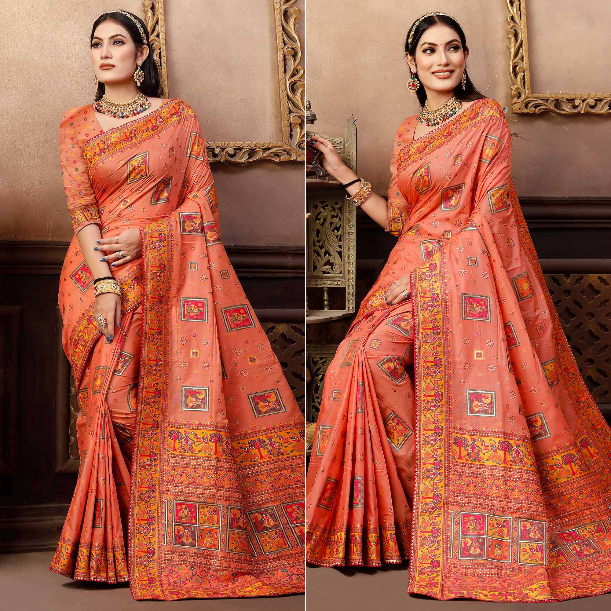 Peach Woven With Gota Patti Work Pashmina Saree