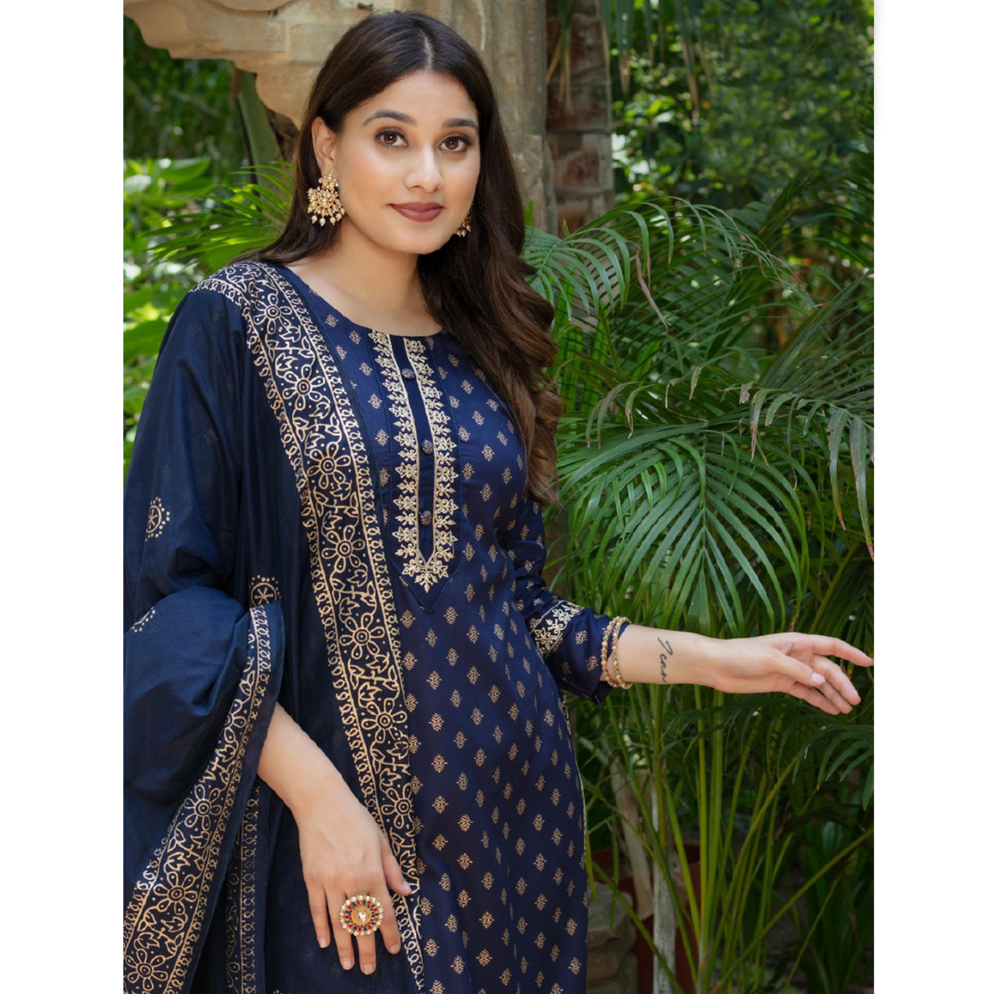Navy Blue Printed Rayon Salwar Suit