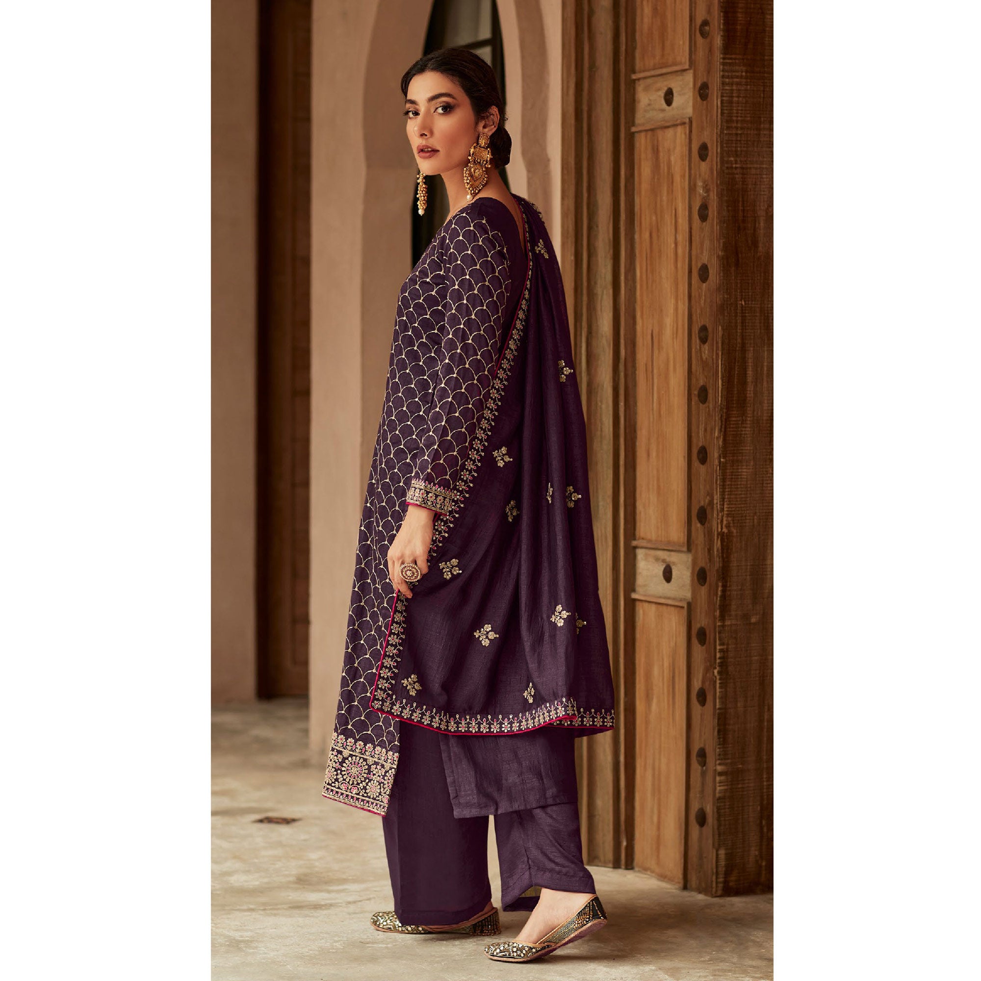 Wine Floral Embroidered Art Silk Palazzo Suit