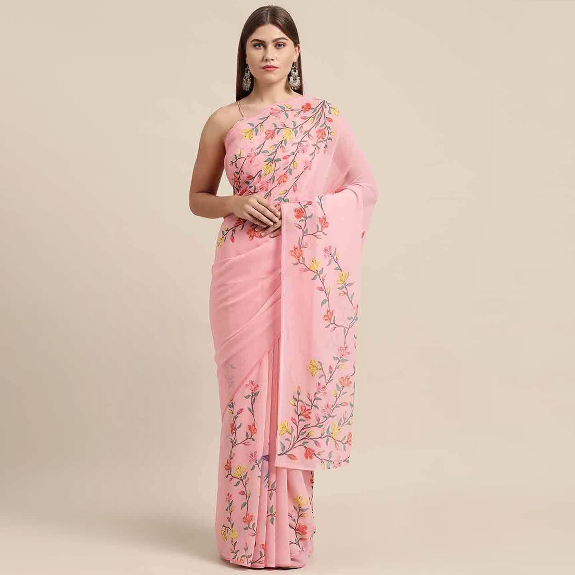 Pink Floral Digital Printed Georgette Saree