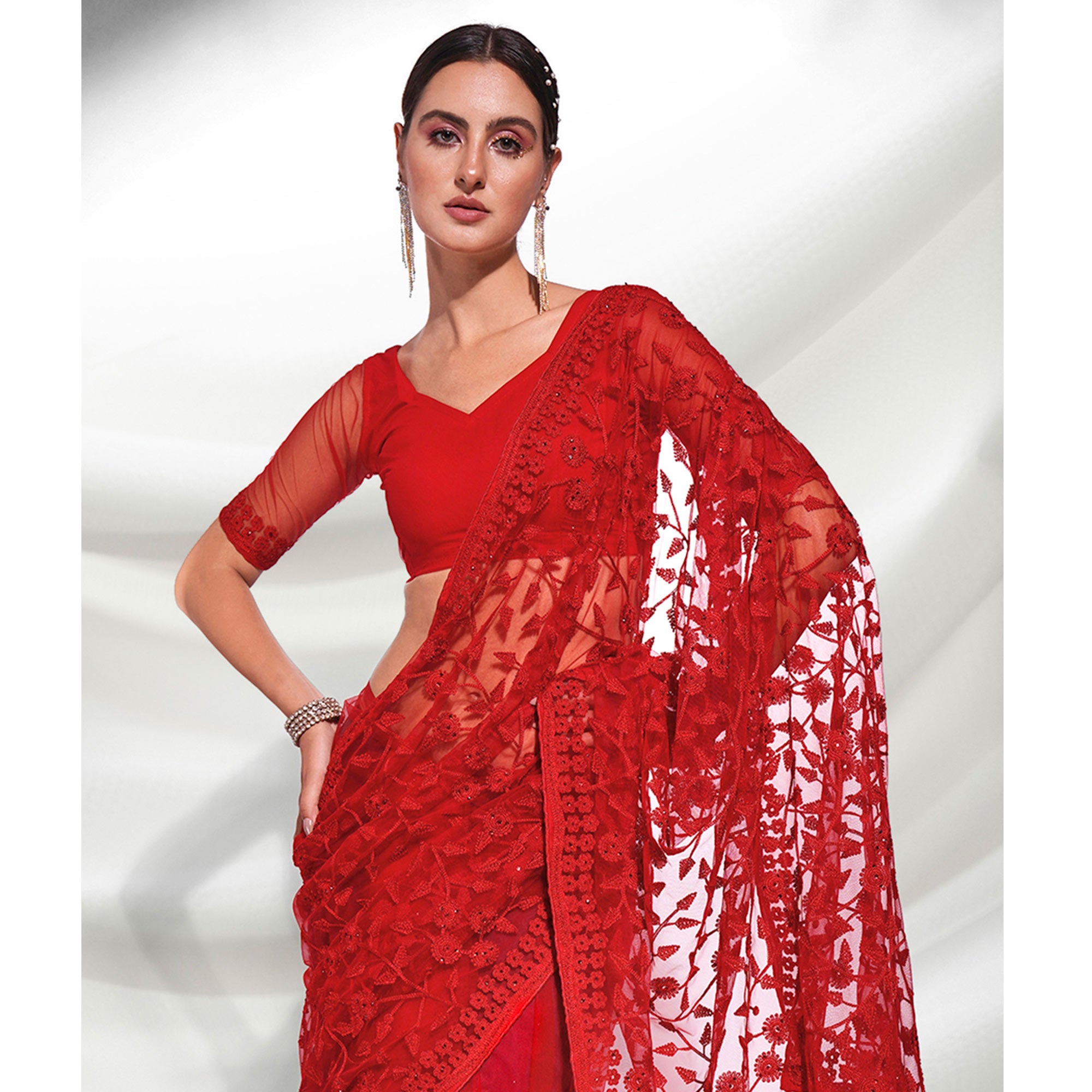 Red Floral Embroidered Soft Net Saree