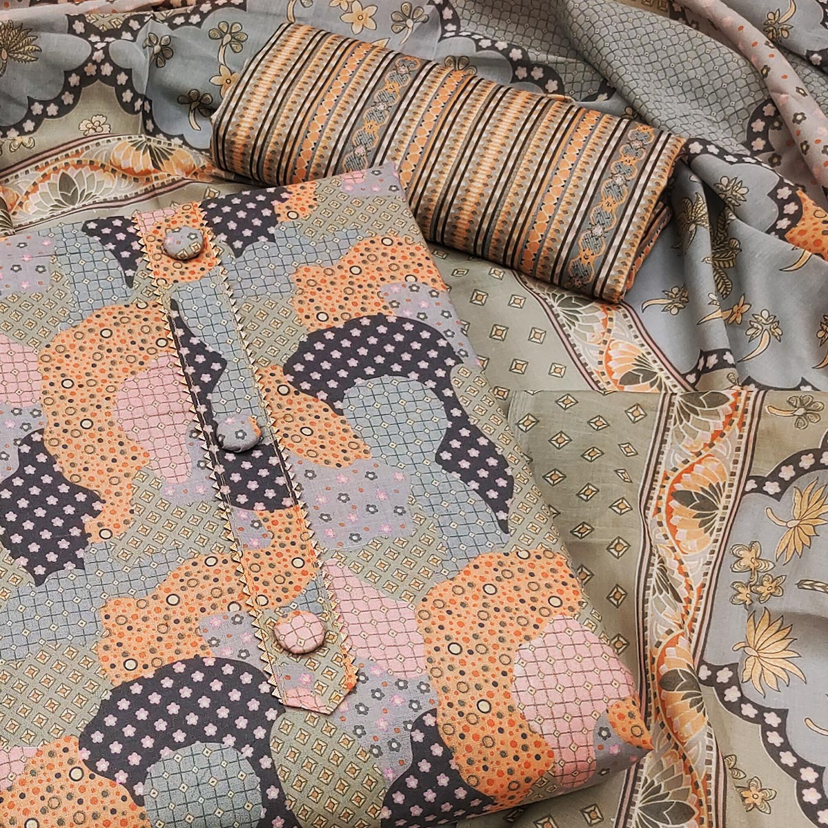 Grey Printed Cotton Blend Dress Material