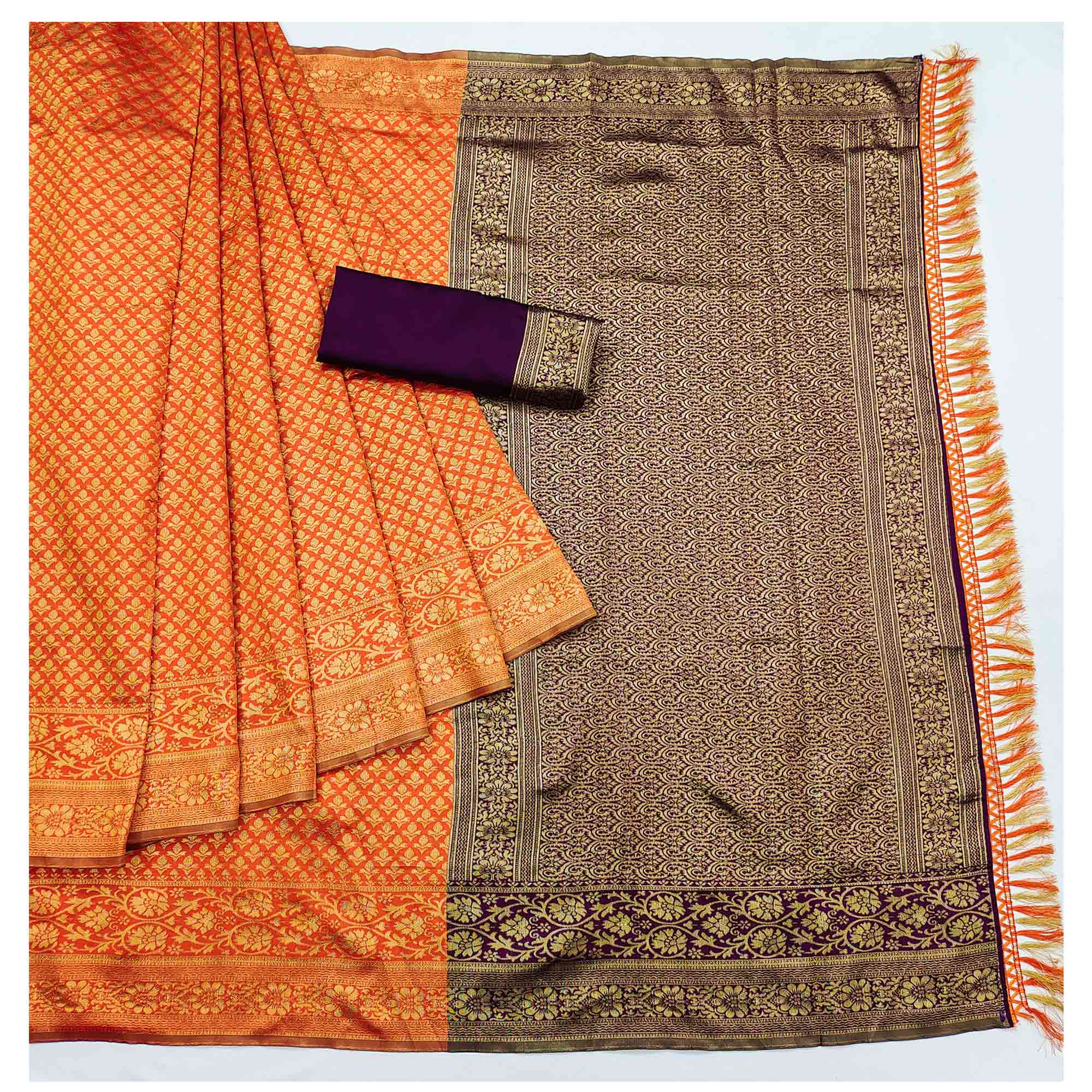 Orange Floral Woven Jacquard Saree