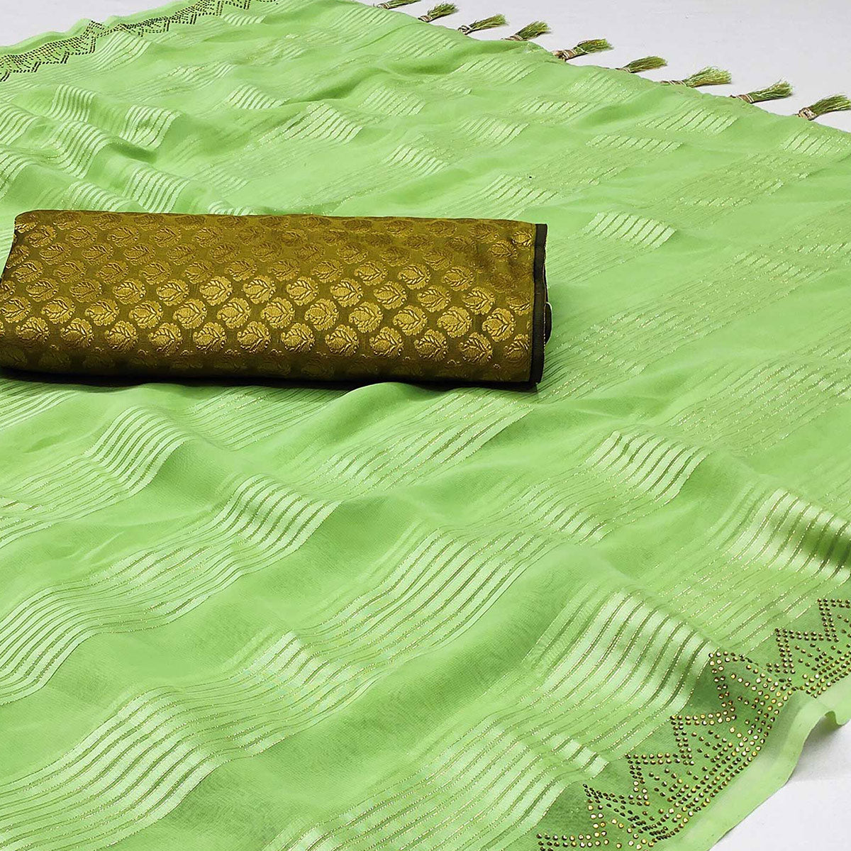Green Striped With Stone Work Georgette Saree