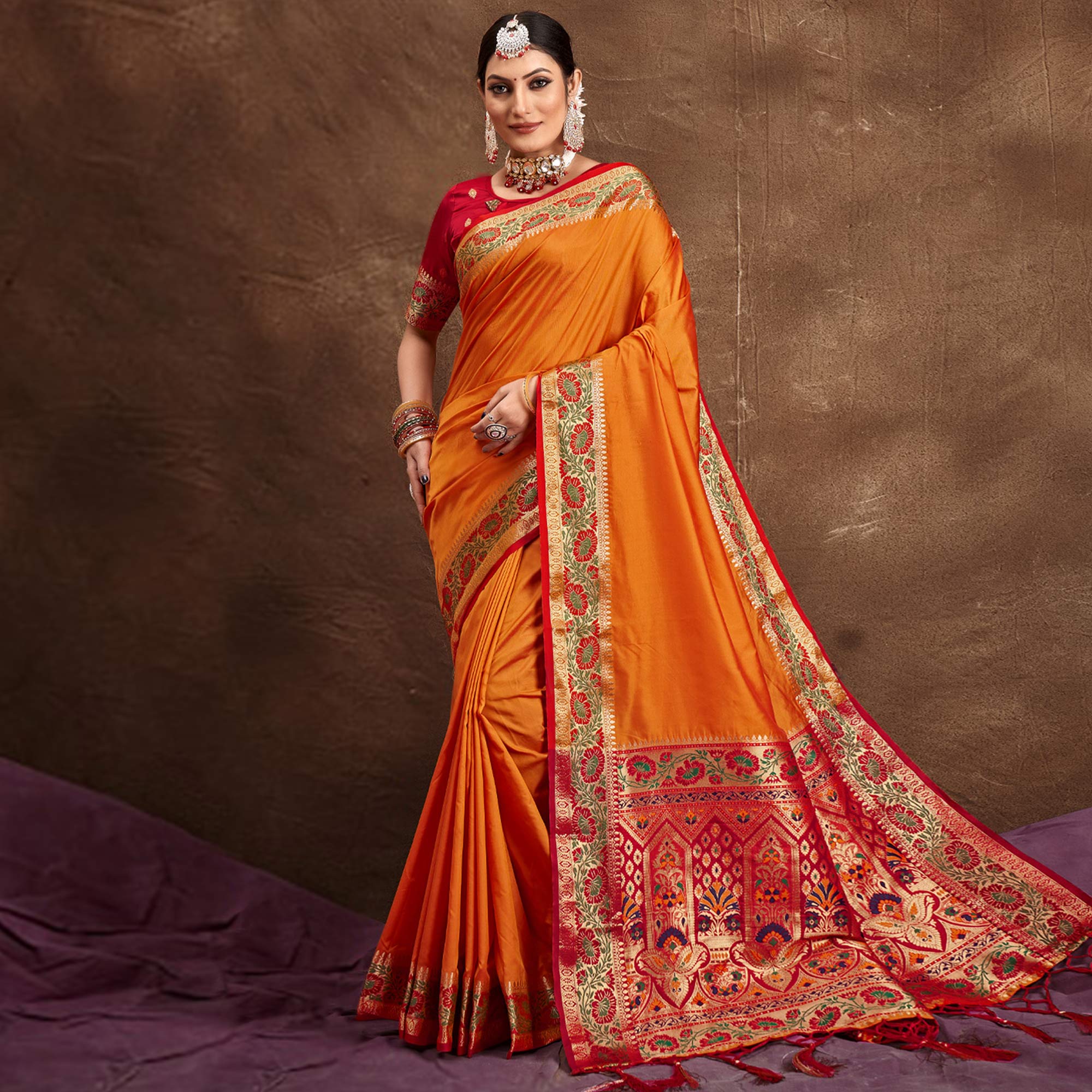 Orange Woven Banarasi Silk Saree With Tassels