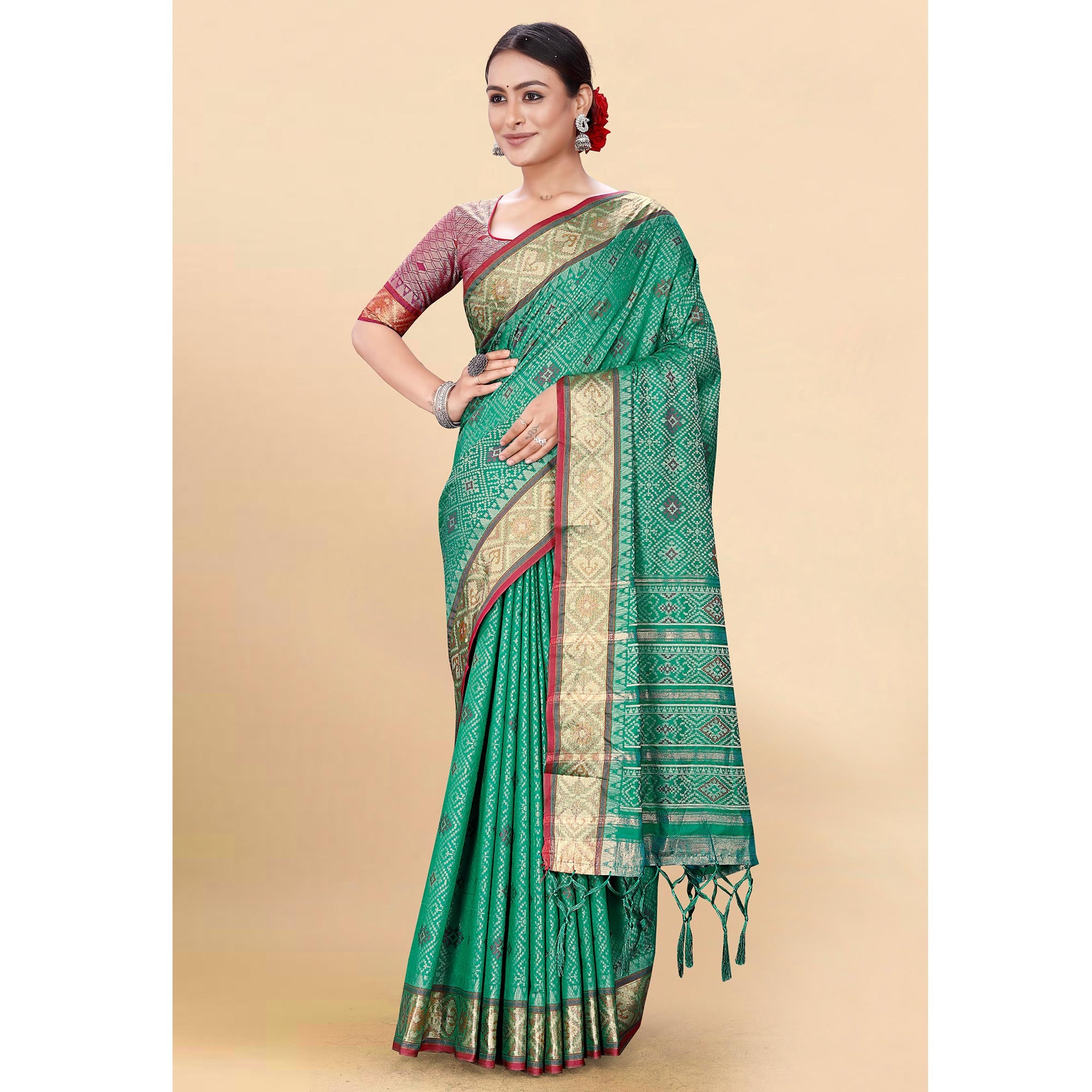 Green Woven Patola Art Silk Saree With Tassels