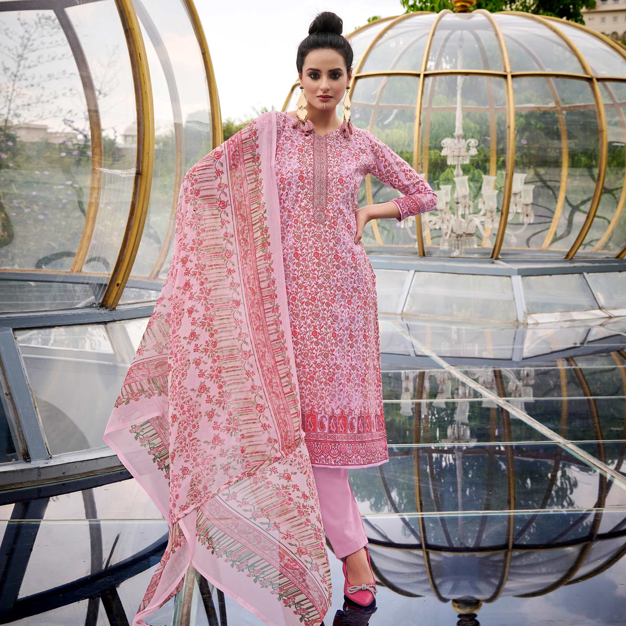 Pink Printed With Embroidered Pure Cotton Salwar Suit