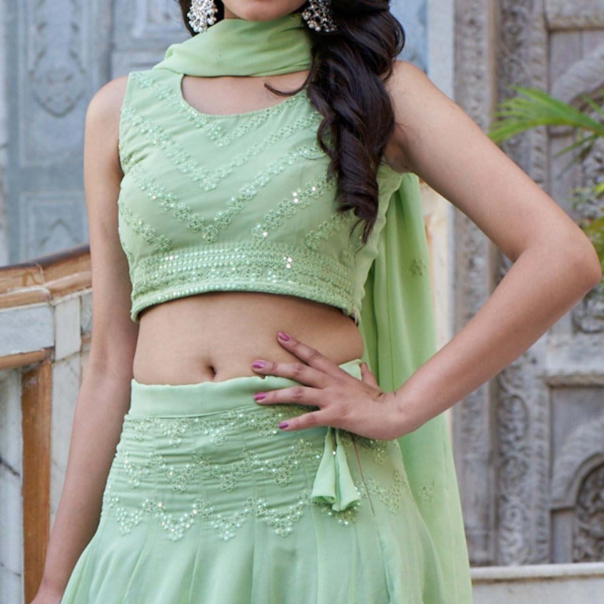 Green Sequins Embroidered Viscose Georgette Lehenga Choli