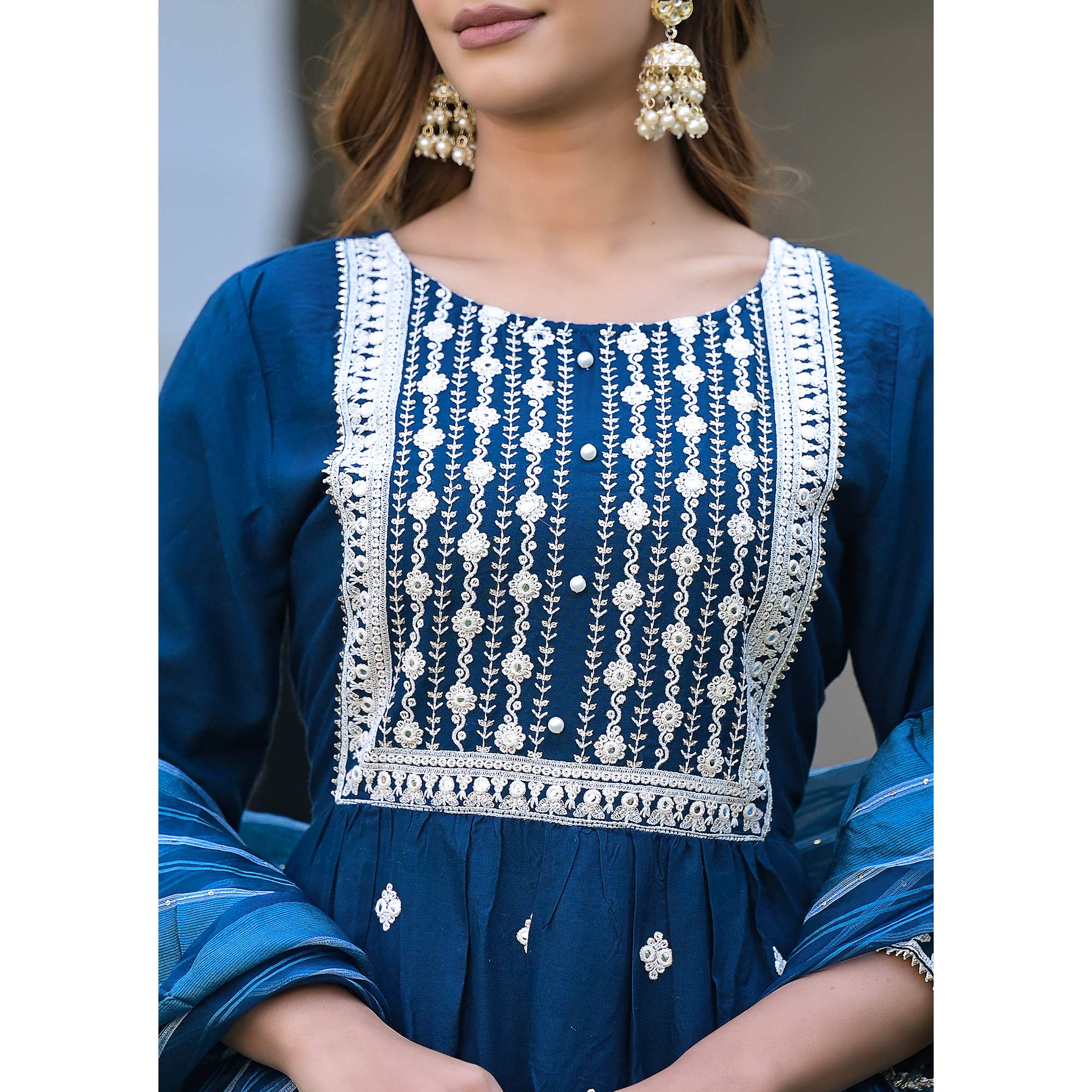 Blue Embroidered Rayon Naira Cut Suit