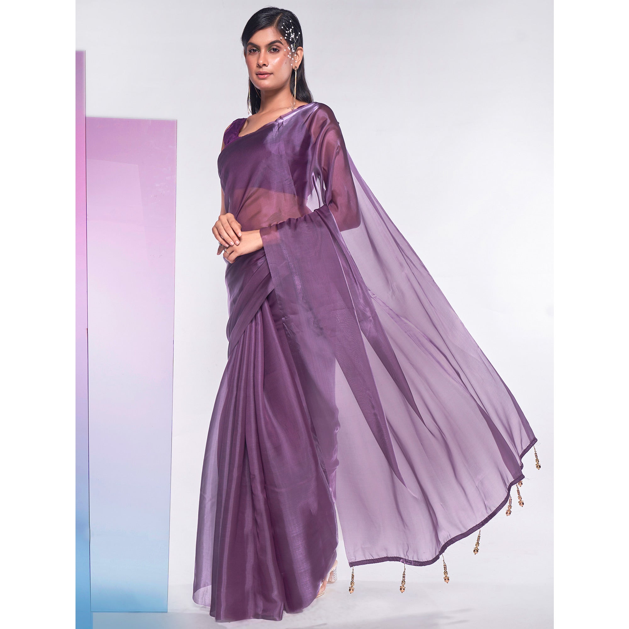 Vilote Solid Organza Saree With Tassels